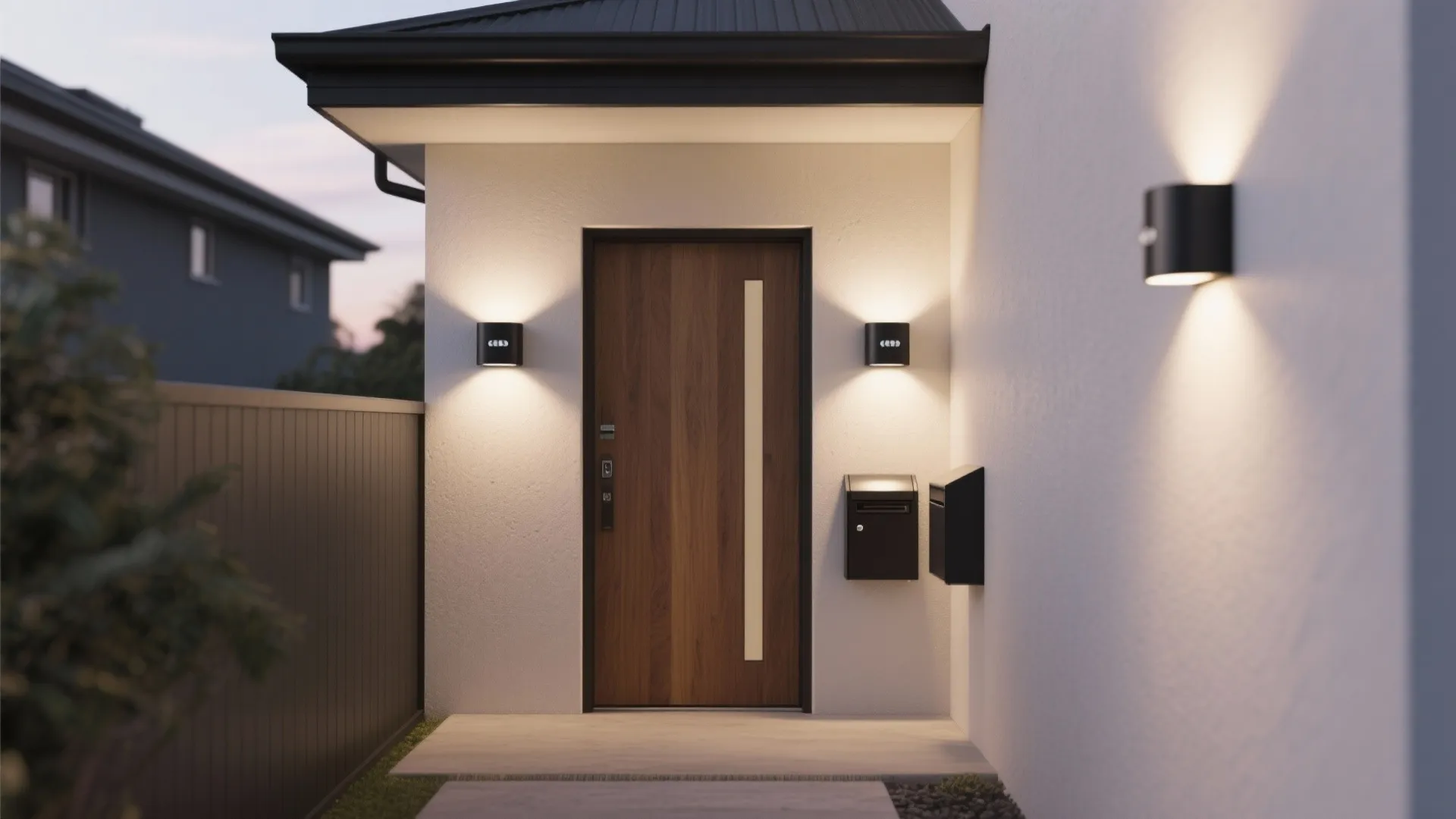 Narrow porch with matte black PIR motion sconces providing soft ambient and approach lighting.