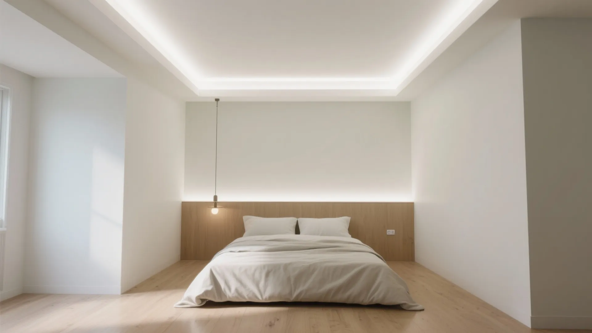 Minimalist bedroom featuring white walls wooden floor bed with headboard and warm indirect ceiling light