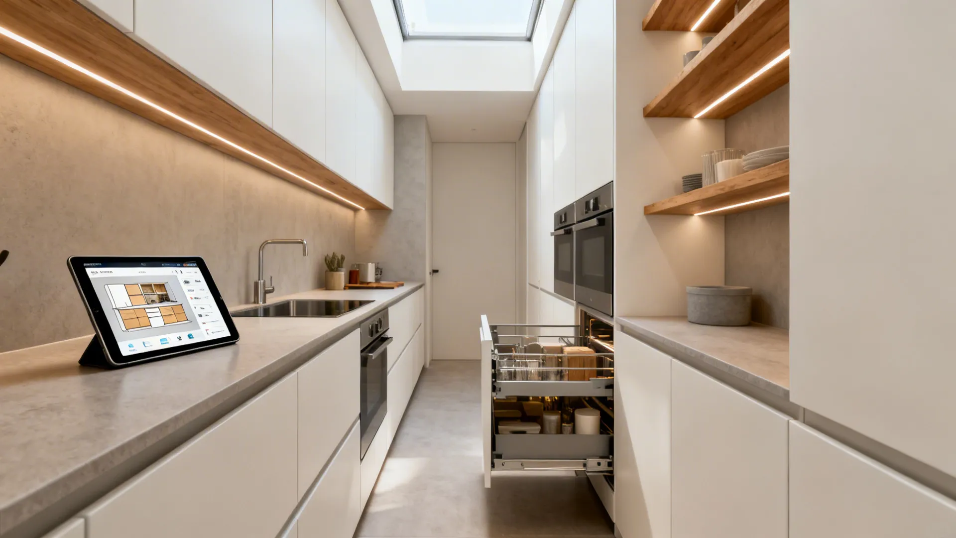 Slim galley kitchen with minimalist white cabinets and a tablet running a cabinet planner.
