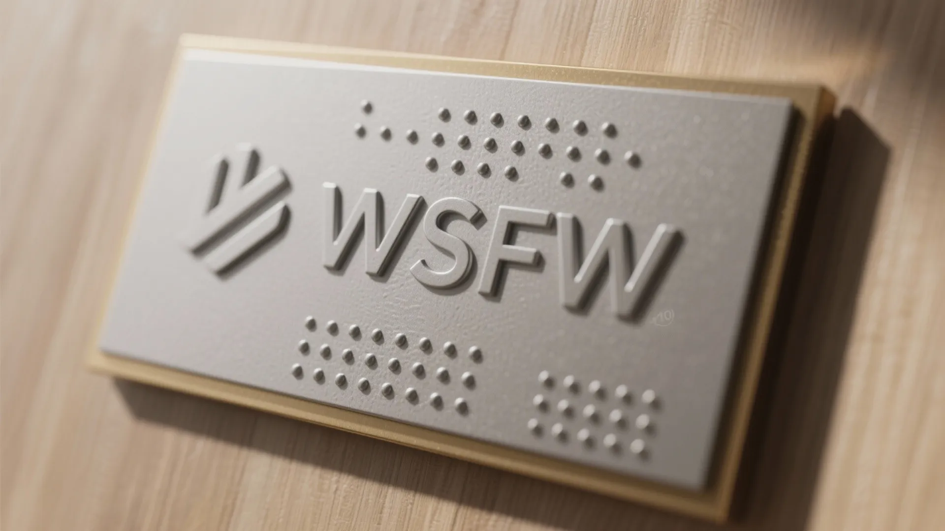 Gray rectangular plaque with letters WSFW and textured patterns mounted on a light wooden wall