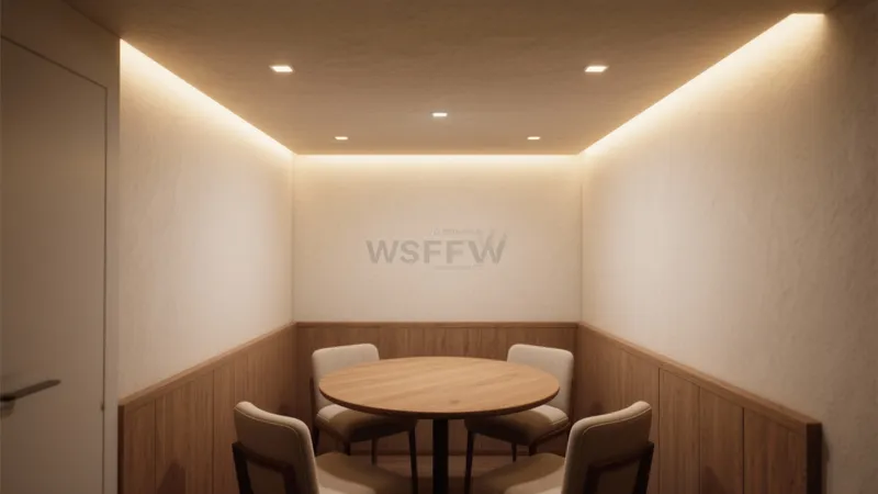 Warm Wooden Dining Nook with Ambient Lighting