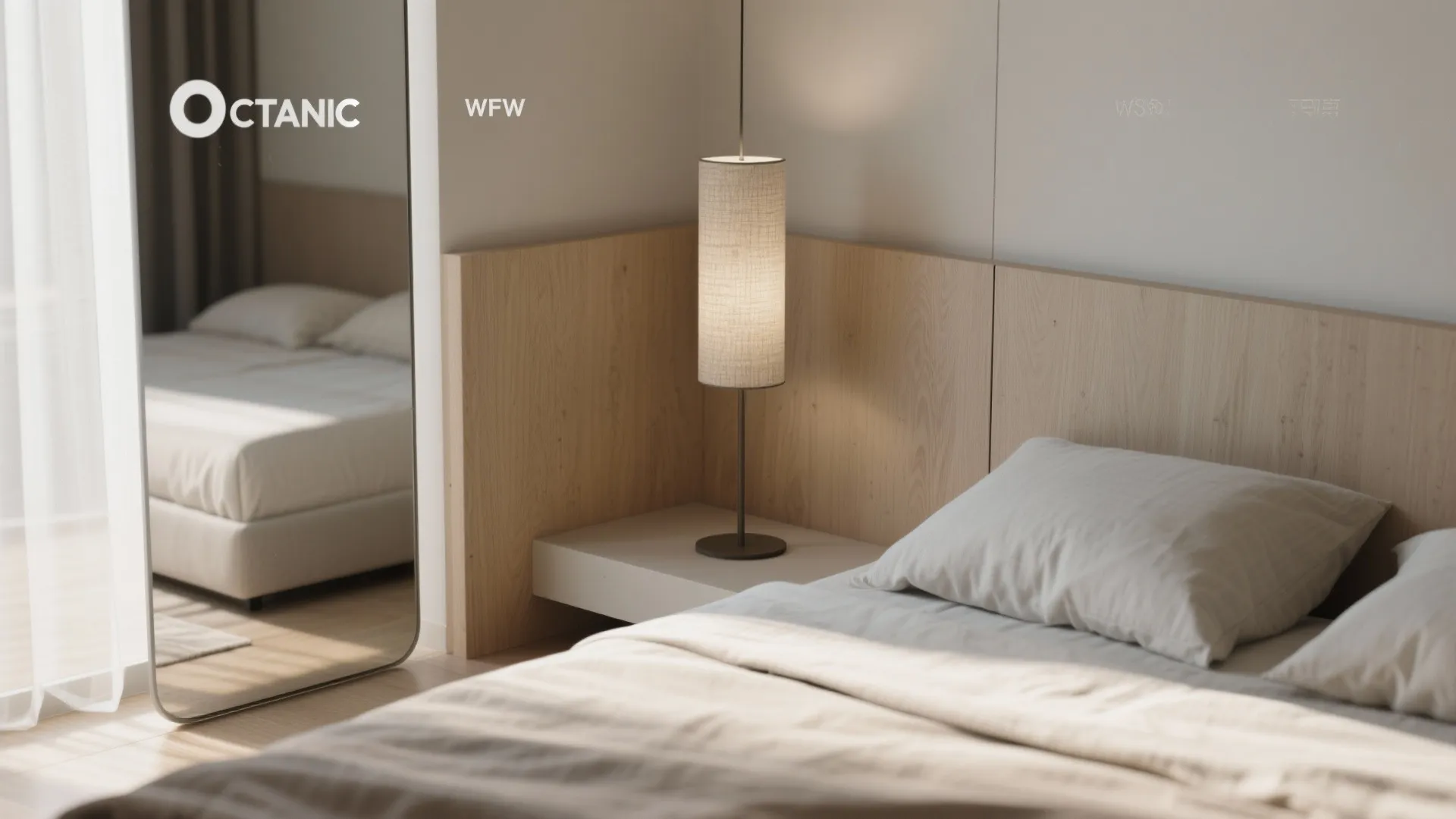 Macro detail of a low platform bed with slim headboard, mirror, and tall lamp to amplify space.