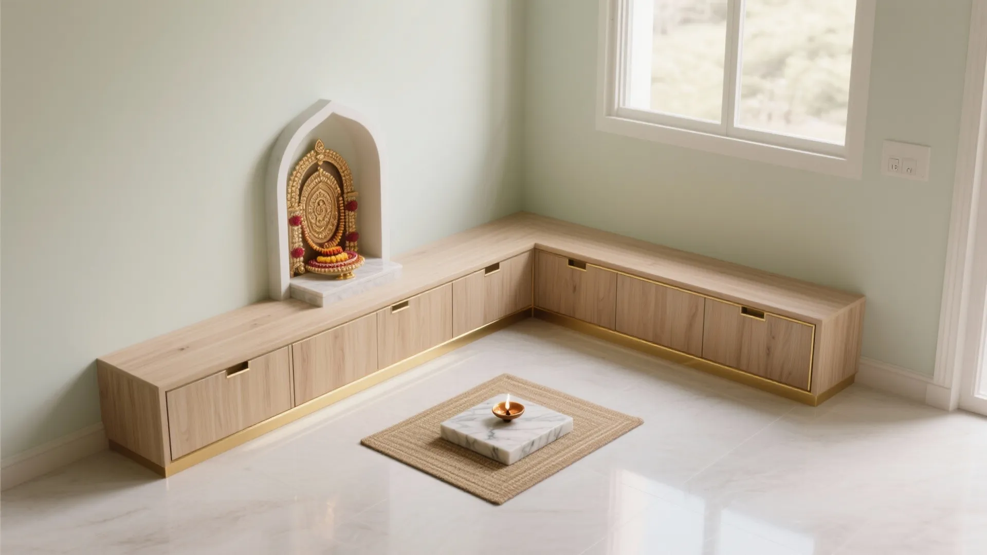 Minimalist Corner Mandir with Hidden Storage