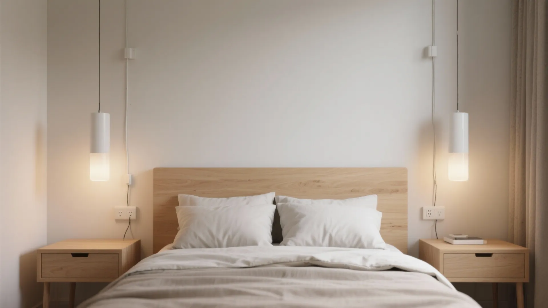 Minimal plug-in pendants over small nightstands with neat cord covers and warm glow.
