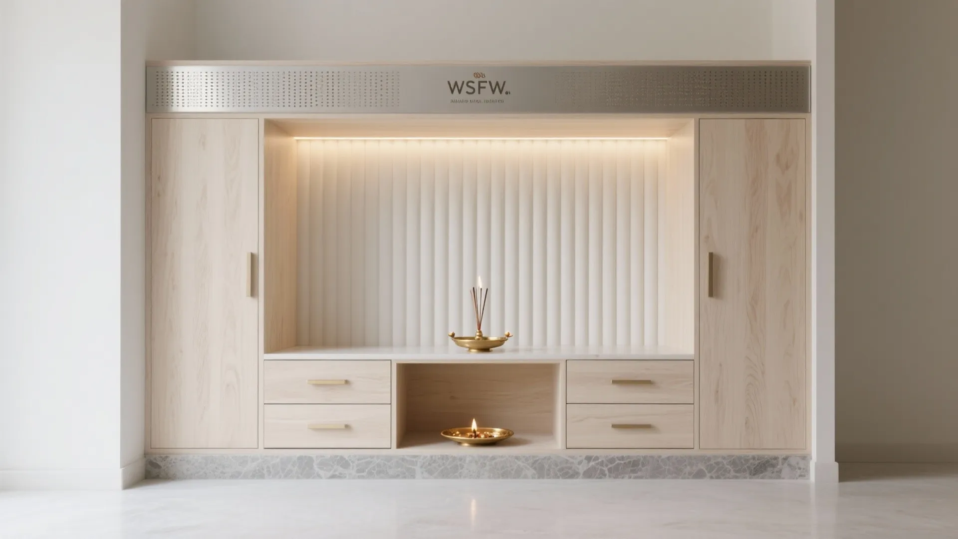 Minimal plywood pooja with concealed storage