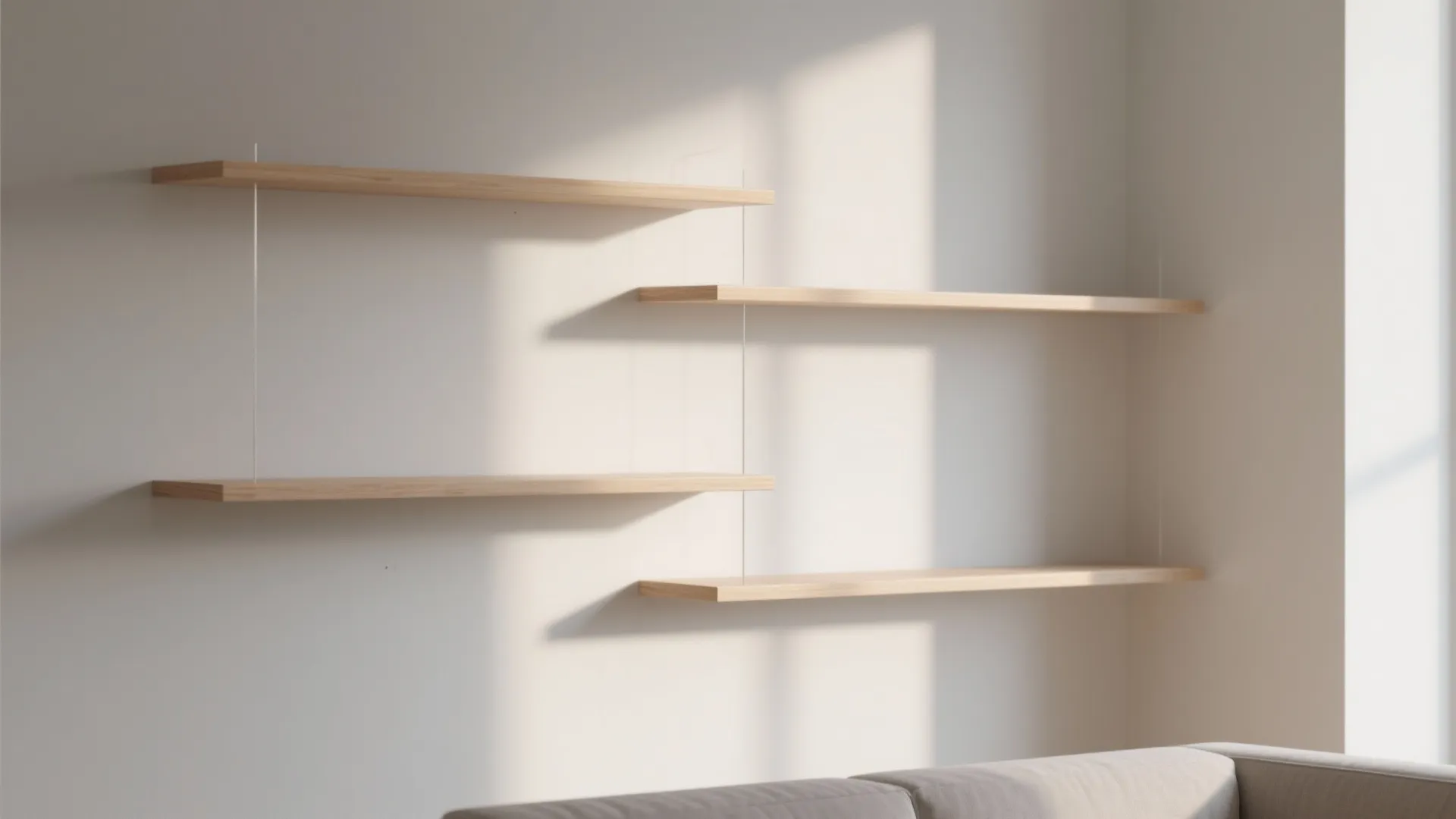 Minimalist wooden wall shelves with thin metal supports and natural sunlight on a white wall
