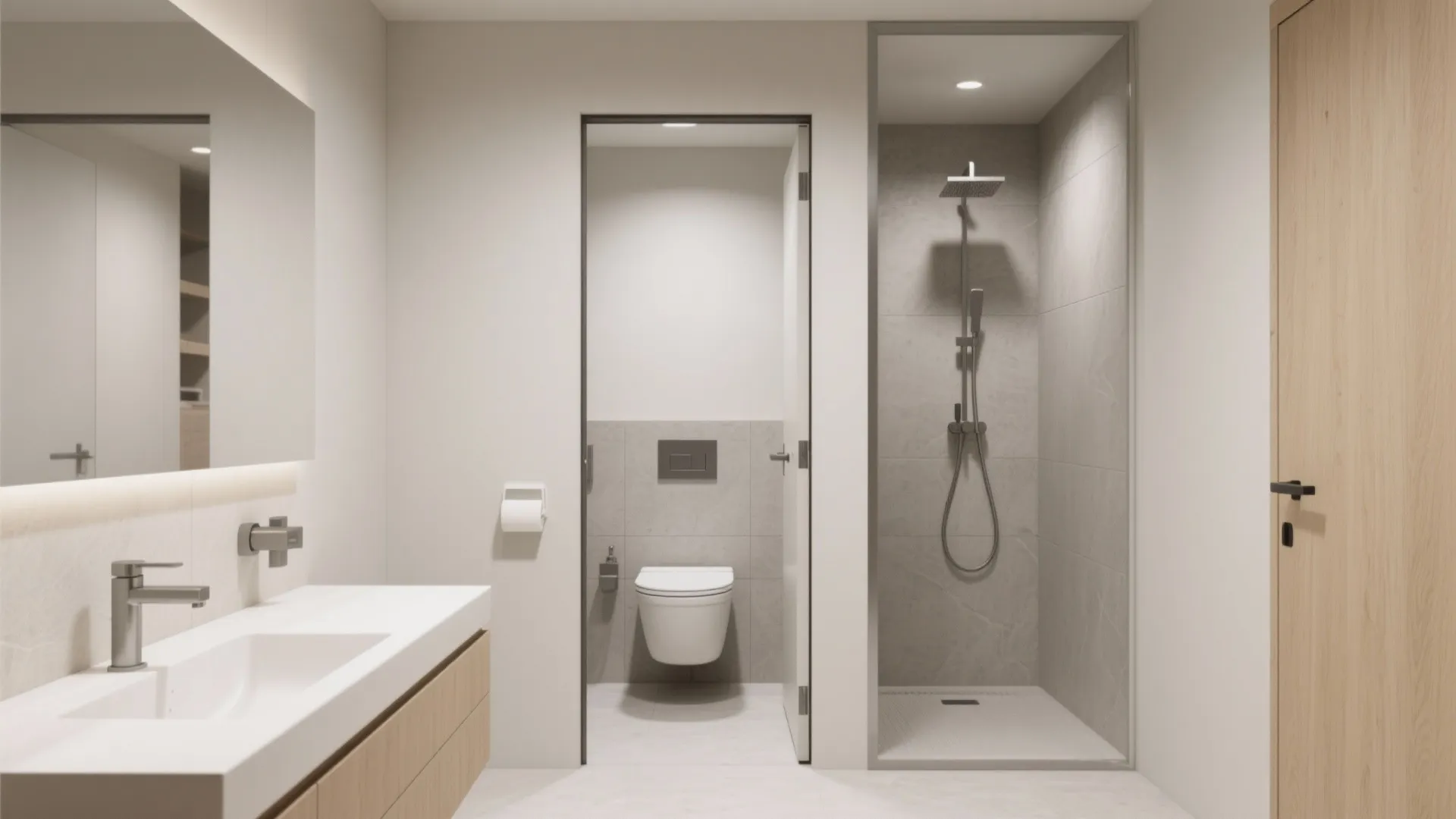 Minimal bathroom showing a pocket door leading to a compact toilet nook beside a shower.