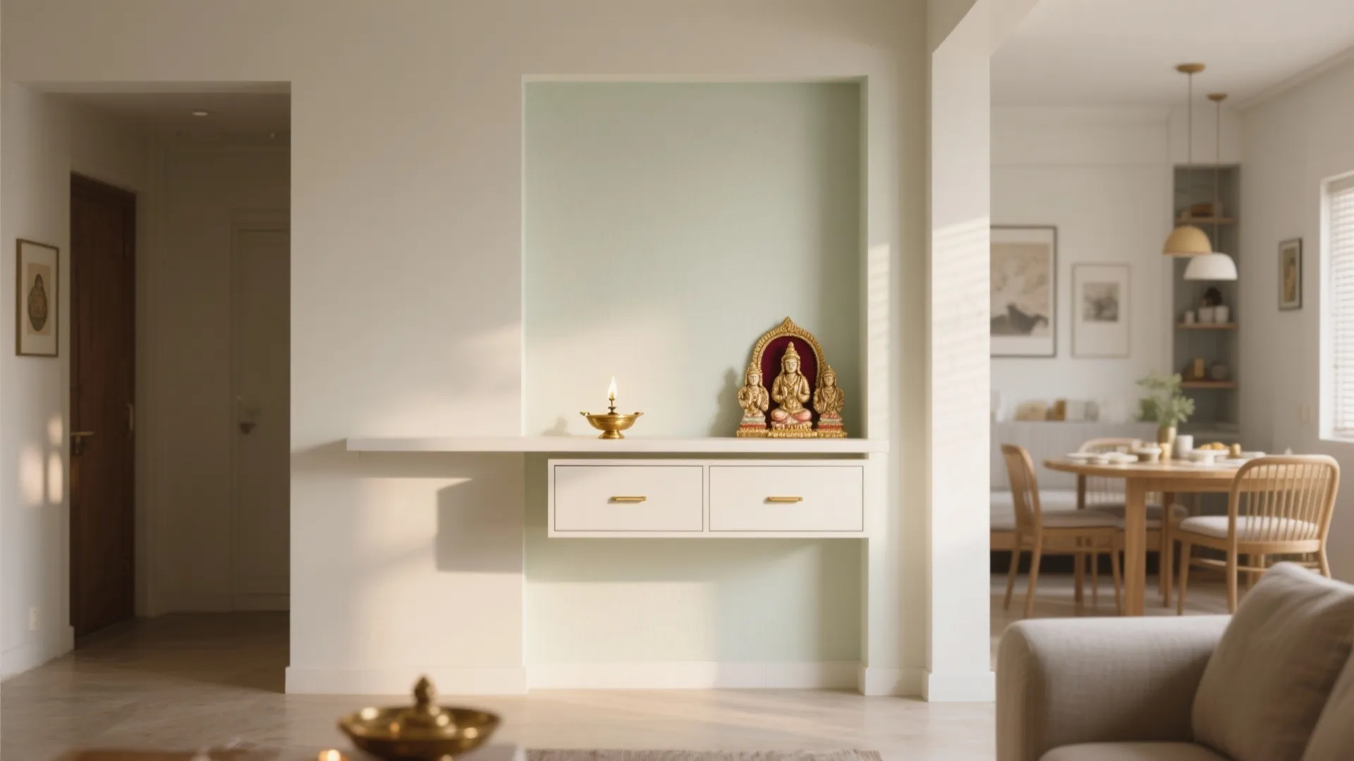Modern prayer corner with white wall drawer and small brass light sitting on a shelf