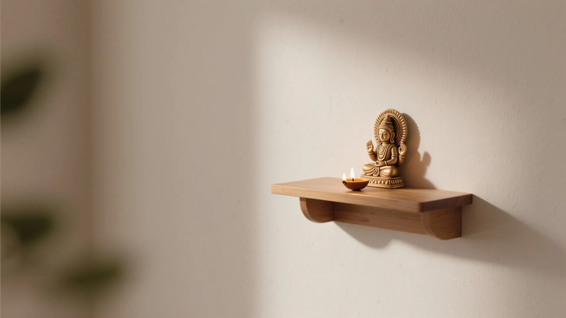 Small wood wall shelf holding a golden statue and a small candle against white wall