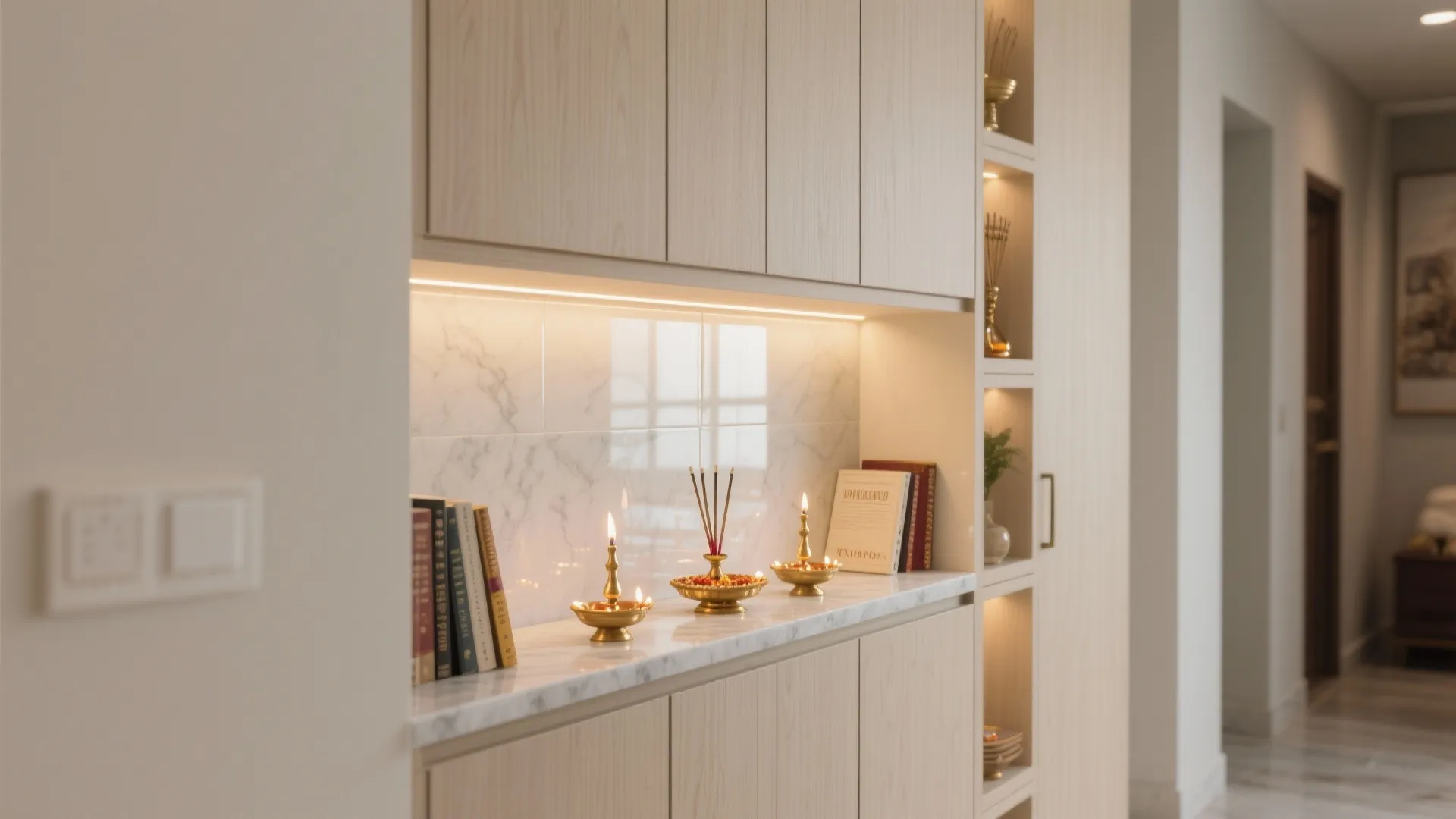 Minimalist Pooja Wall with Hidden Storage