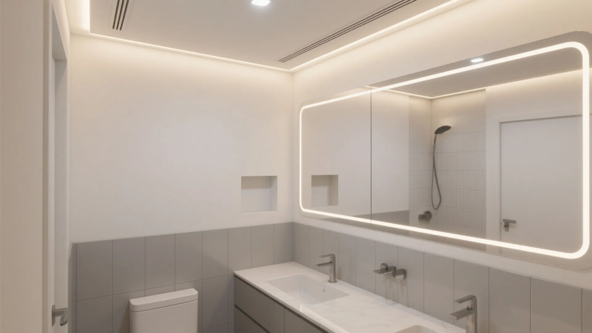 Minimalist bathroom interior with lighted mirror grey wall tiles white sink and shower glass door