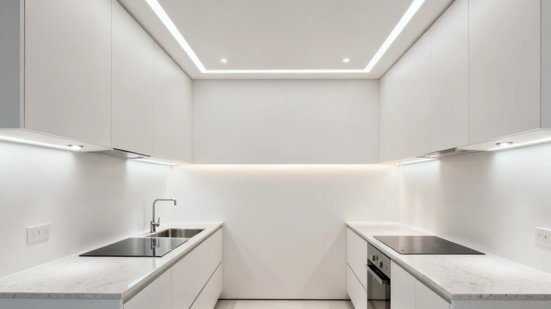 Minimal POP ceiling with shallow edges and layered lighting in a compact kitchen.