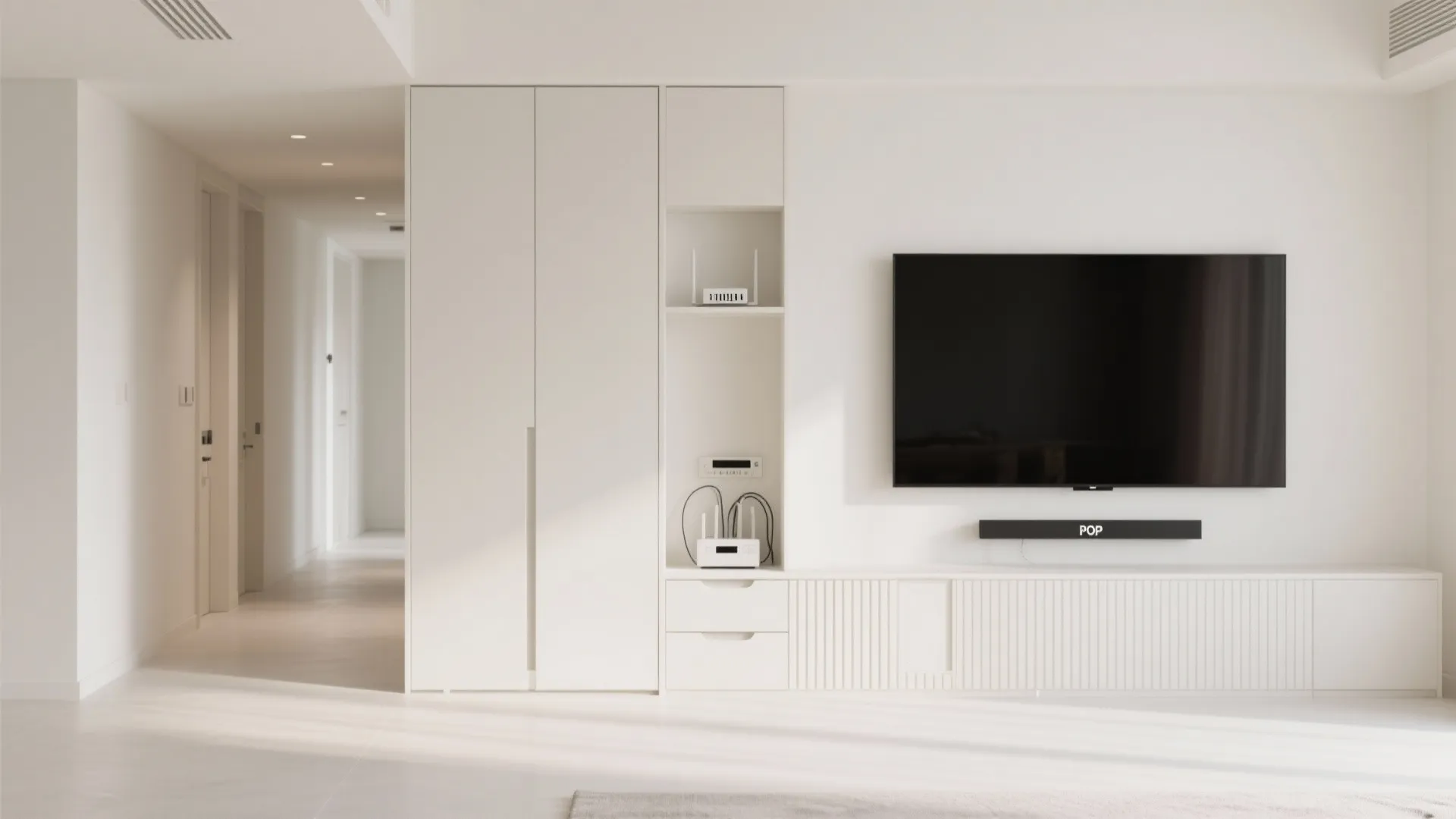 Minimal POP TV wall with hidden storage