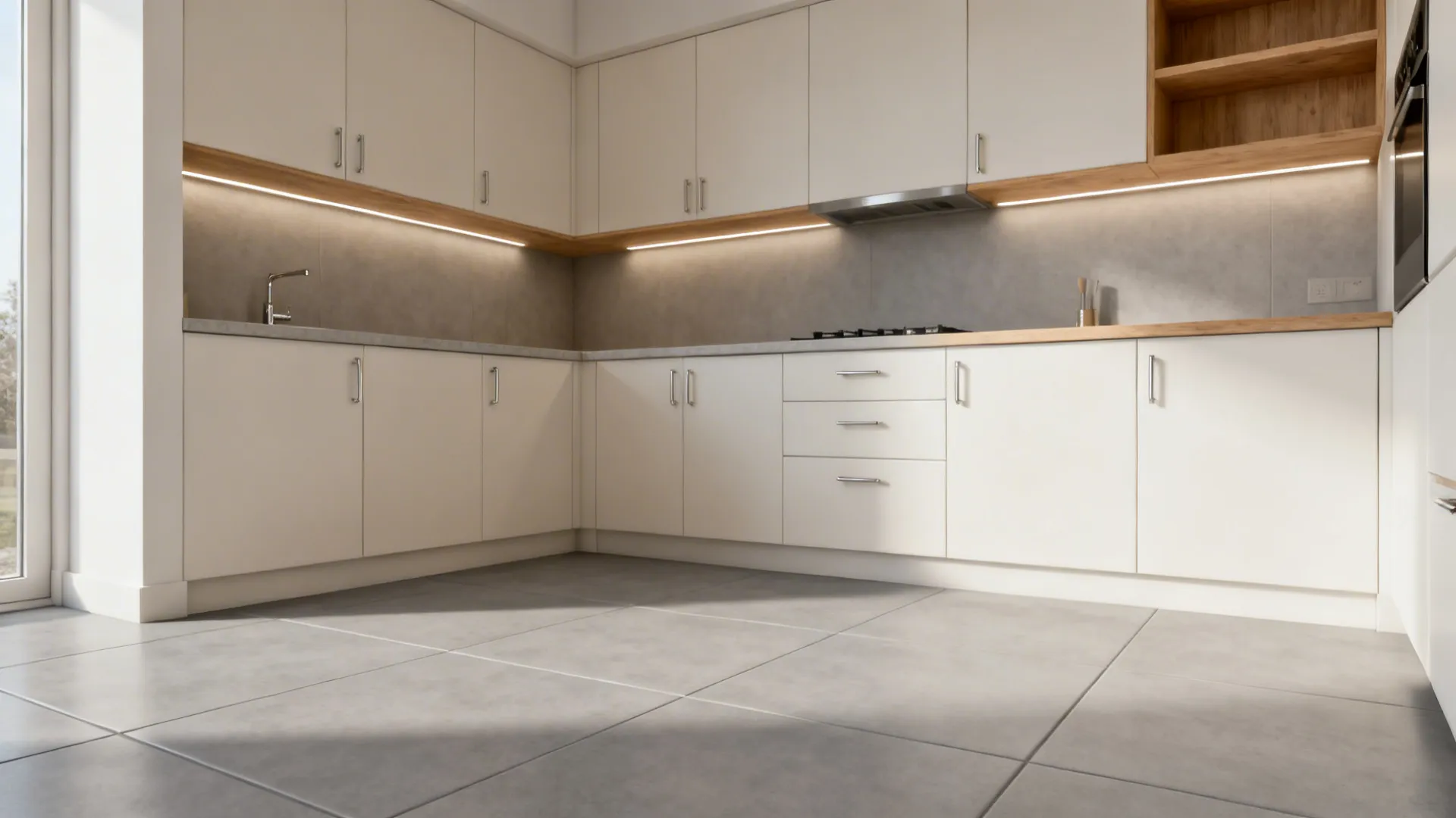 Minimalist small kitchen with matte light-gray porcelain tiles and warm white cabinets.