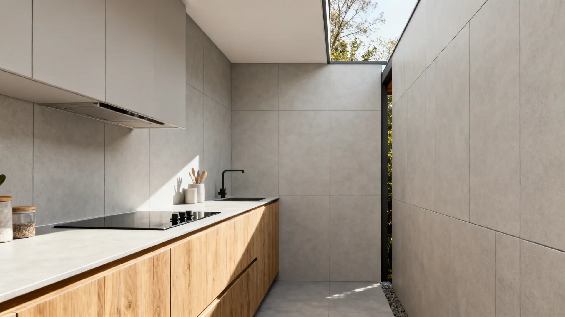 Rectified matte porcelain tiles with slim grout unify an indoor backsplash and exterior wall.