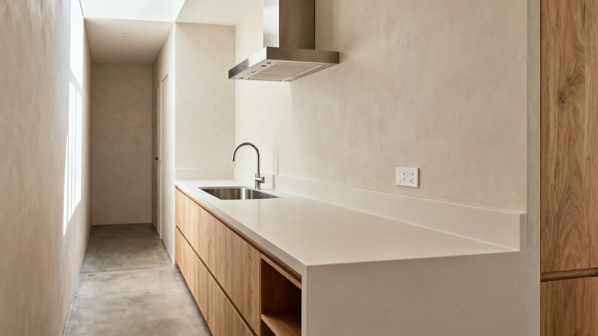 Minimalist narrow prep line with matte light counter, small stainless sink, and a wall-mounted hood in a side alley.