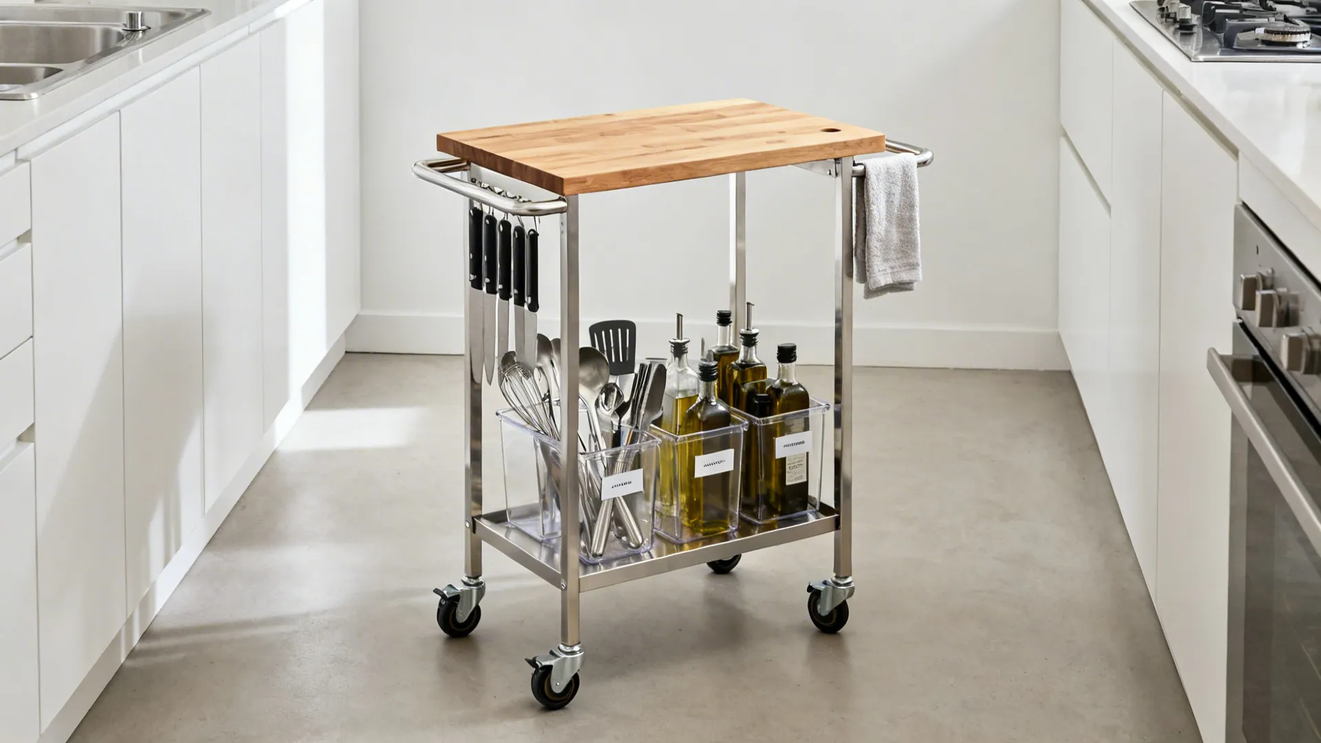 Metal kitchen cart with wood top holding knives, cooking tools, oil bottles, and a towel