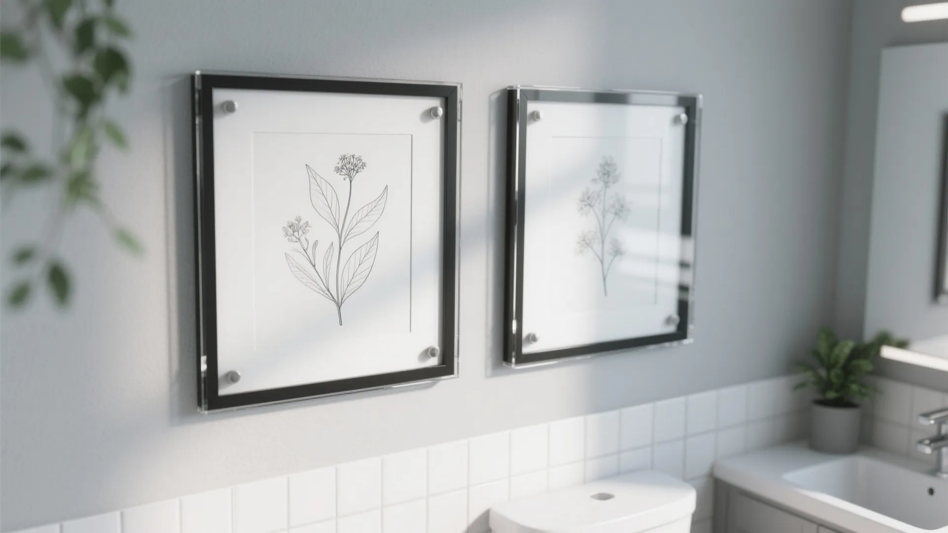 Close-up of matte black framed line-art prints with acrylic glazing on a small bathroom wall.