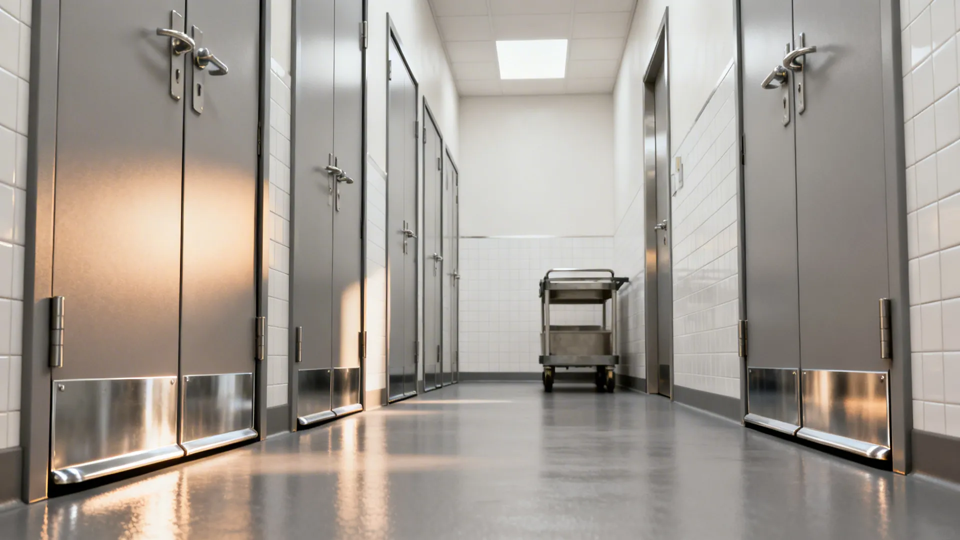 Slim-profile double swing doors with rounded kick plates in a narrow galley kitchen.