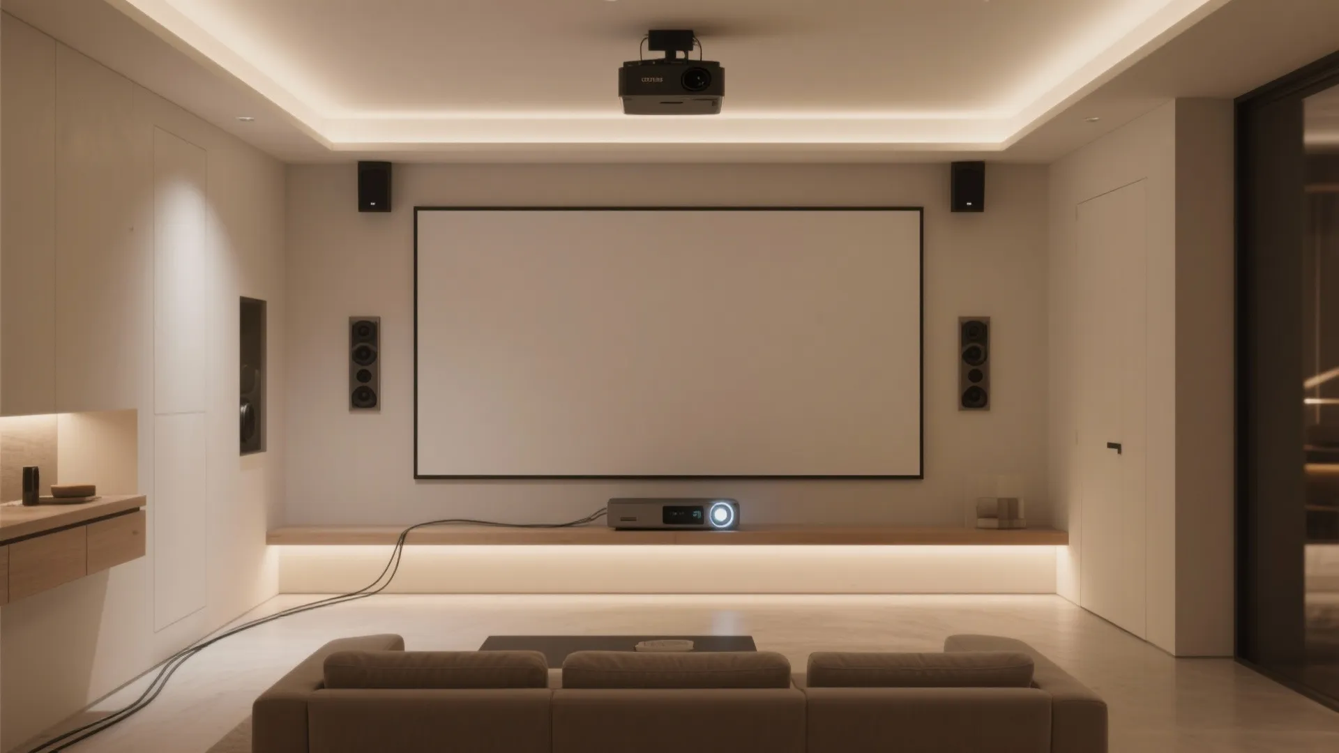 Modern home theater with large projector screen wooden shelf brown sofa and warm recessed ceiling lighting