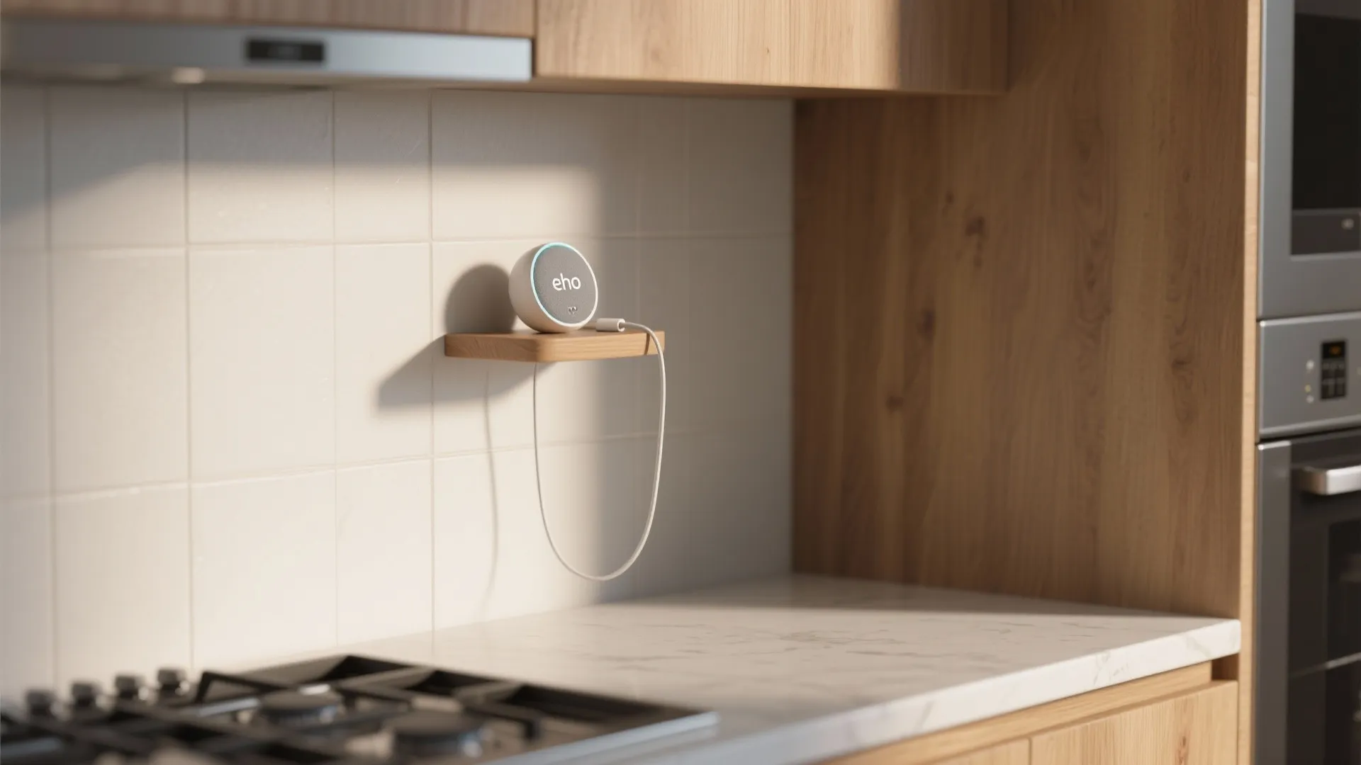 Small floating puck shelf holding an Echo Dot with a neatly routed charging cable above a clean kitchen counter.