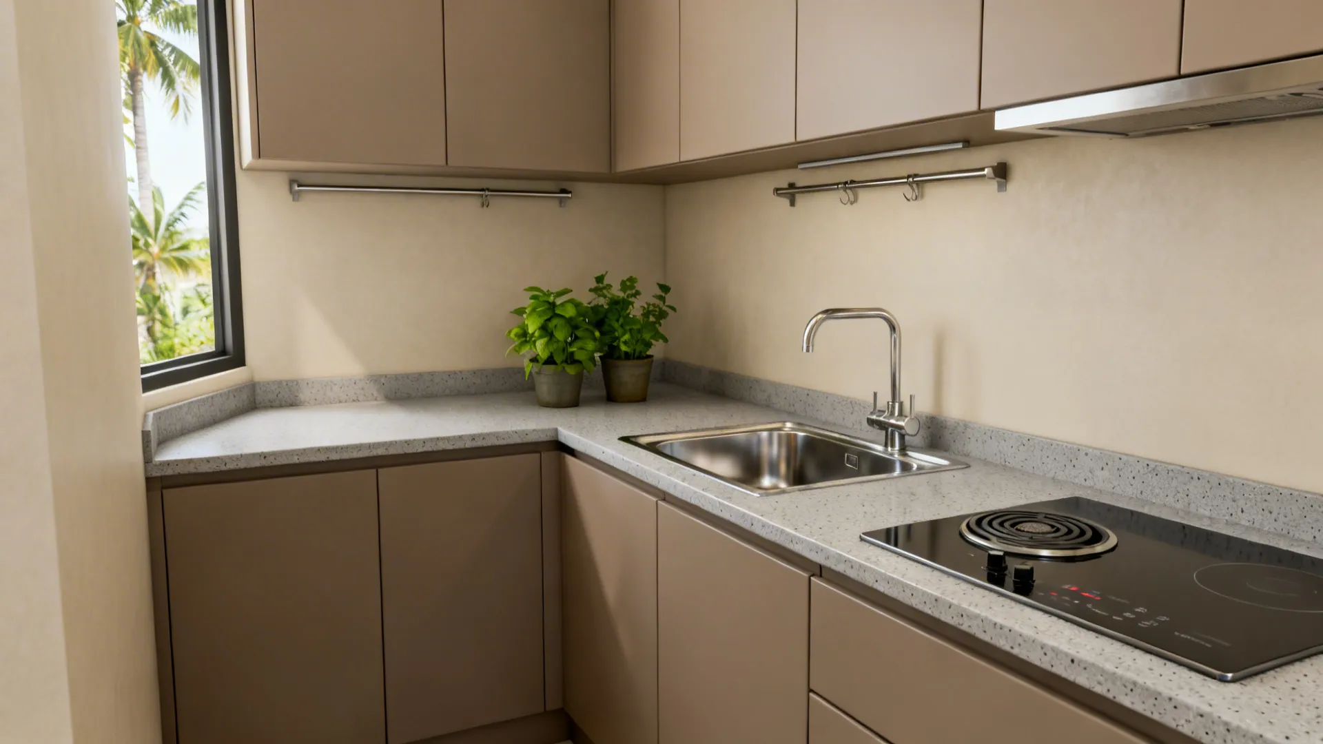 Light-grey quartz countertop in a compact Malaysian kitchen with matte cabinets and soft daylight.