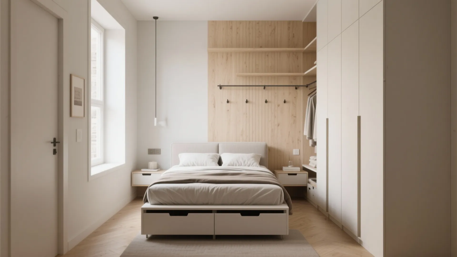 Minimalist bedroom with white bed and wooden wall panel next to a large white cabinet