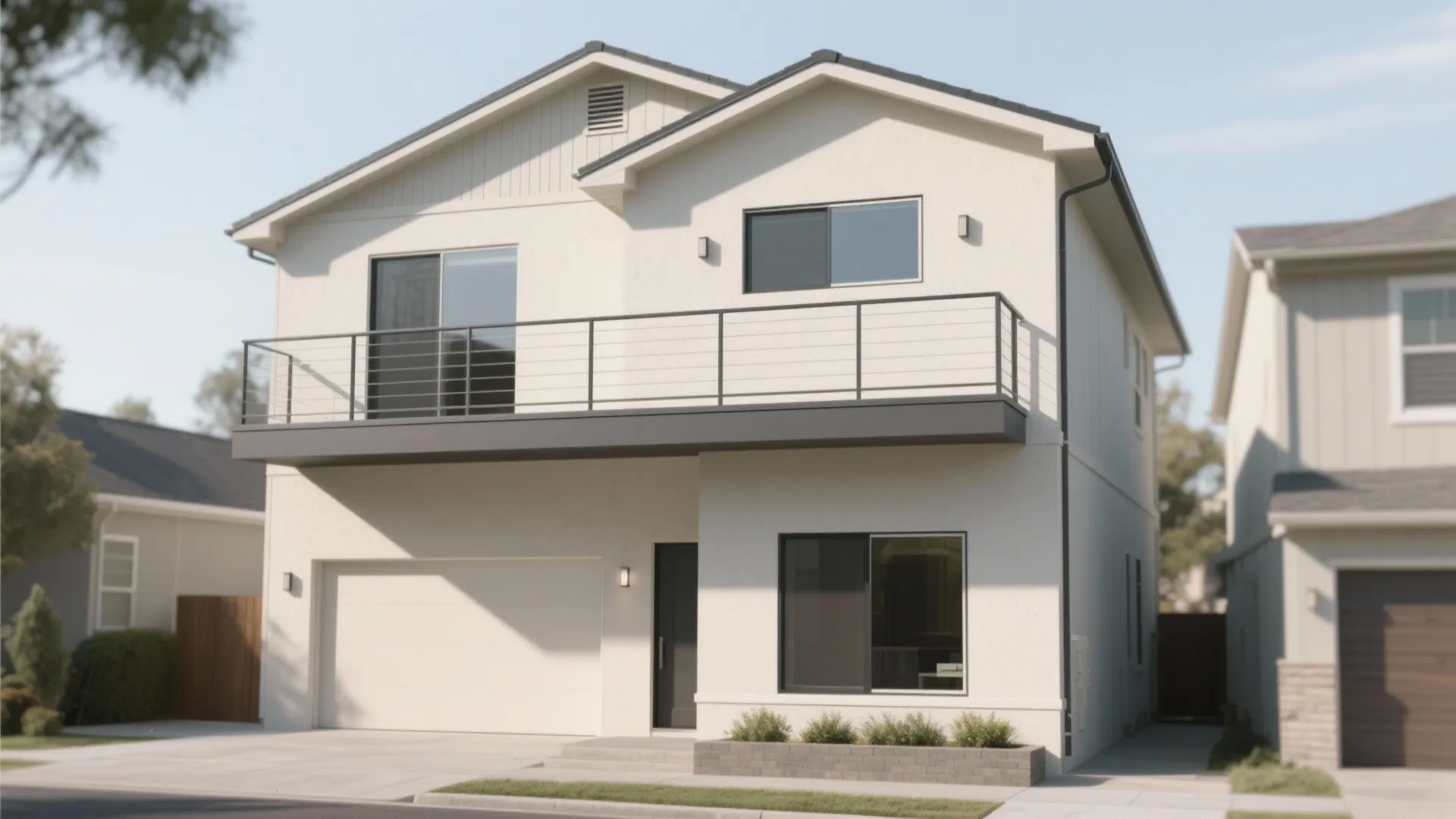 Minimalist balcony railings and calm front elevation