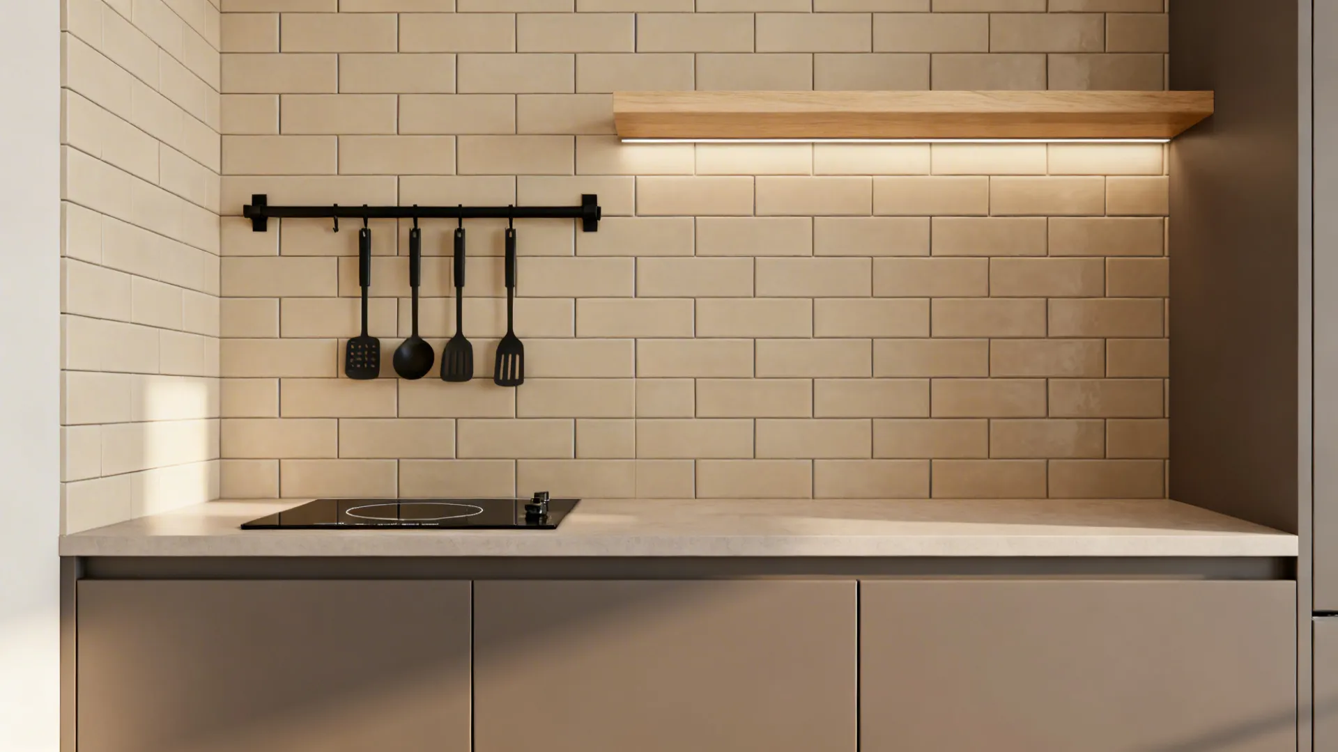 Minimal matte subway tile backsplash with slim grout and a utensil rail in a small kitchen.