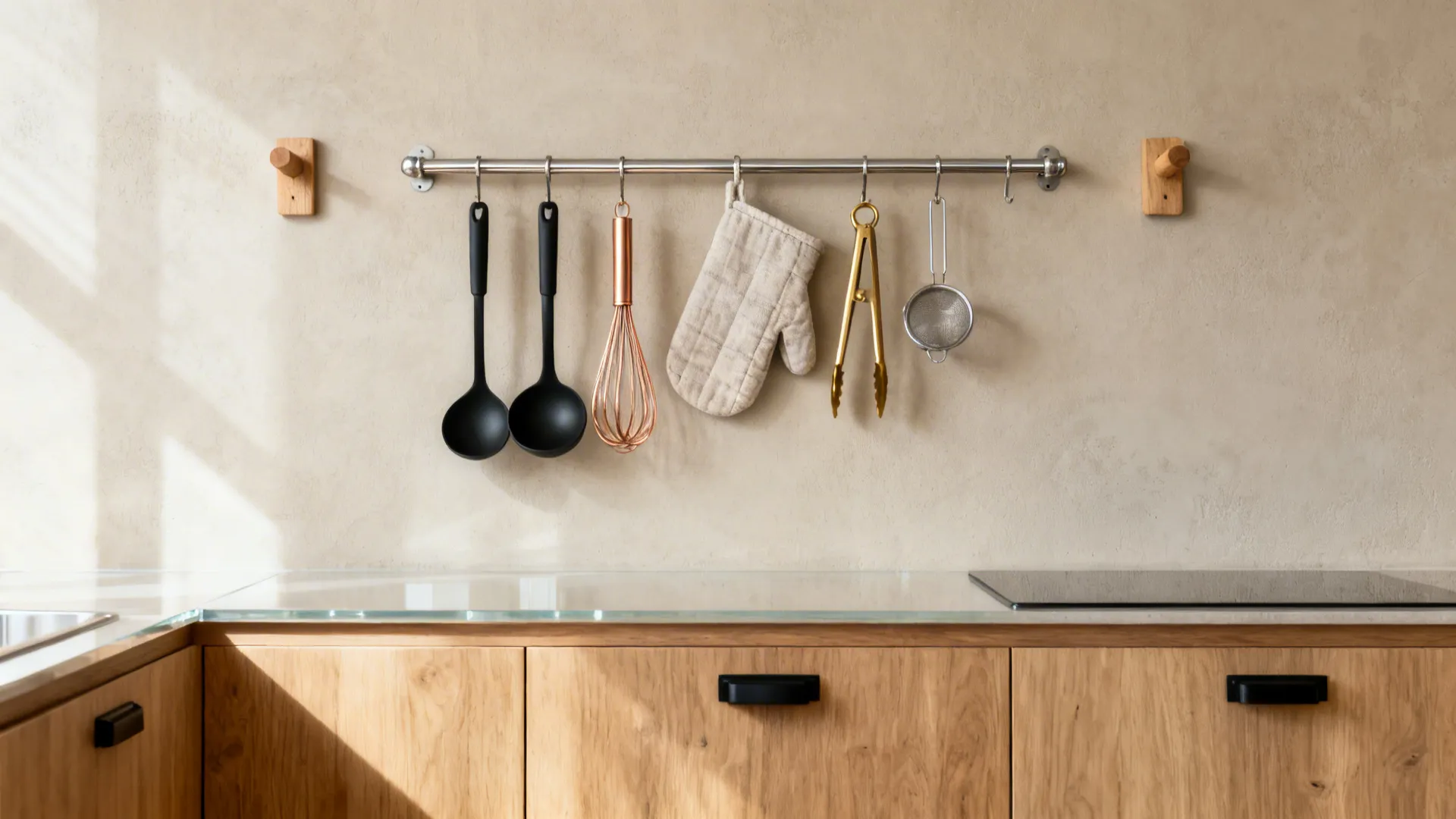 Slim stainless rail with curated black and copper utensils over light oak cabinets.