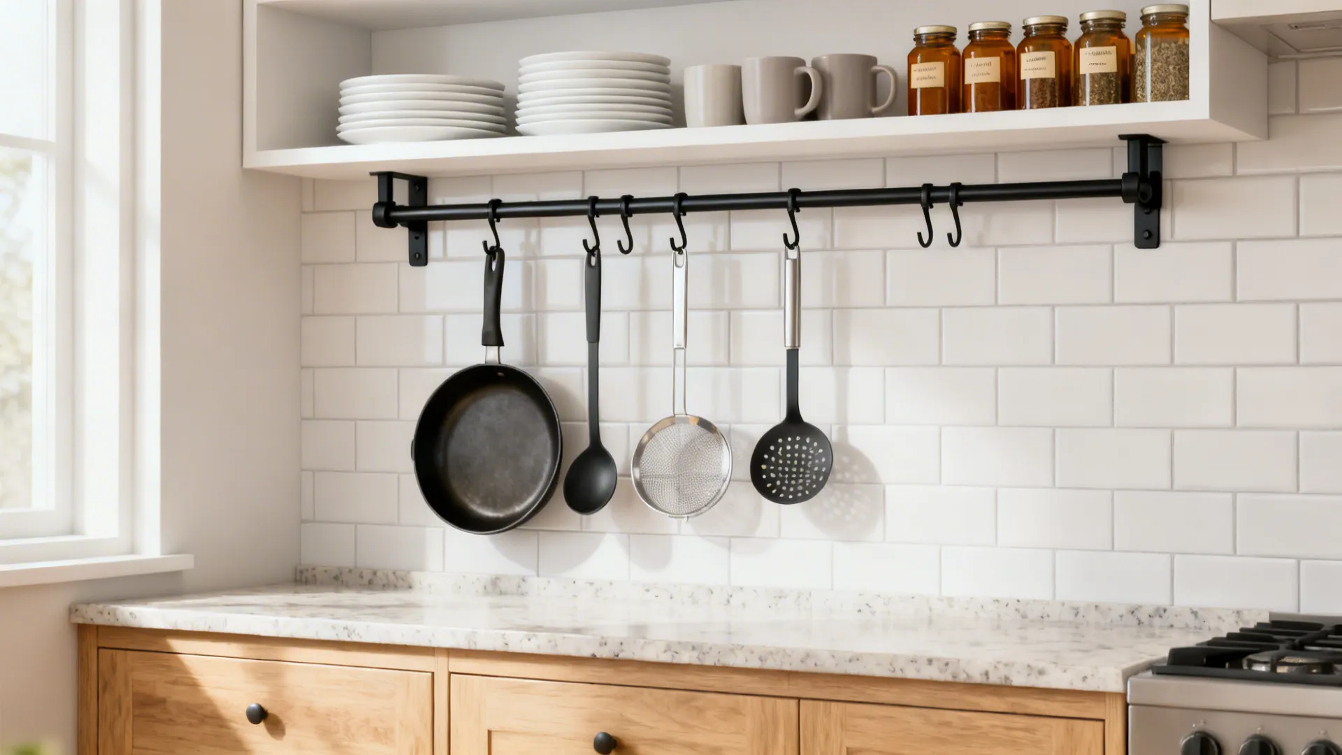 Slim matte black rail with hooks and a shallow open shelf holding plates, mugs, and spices in a small kitchen.