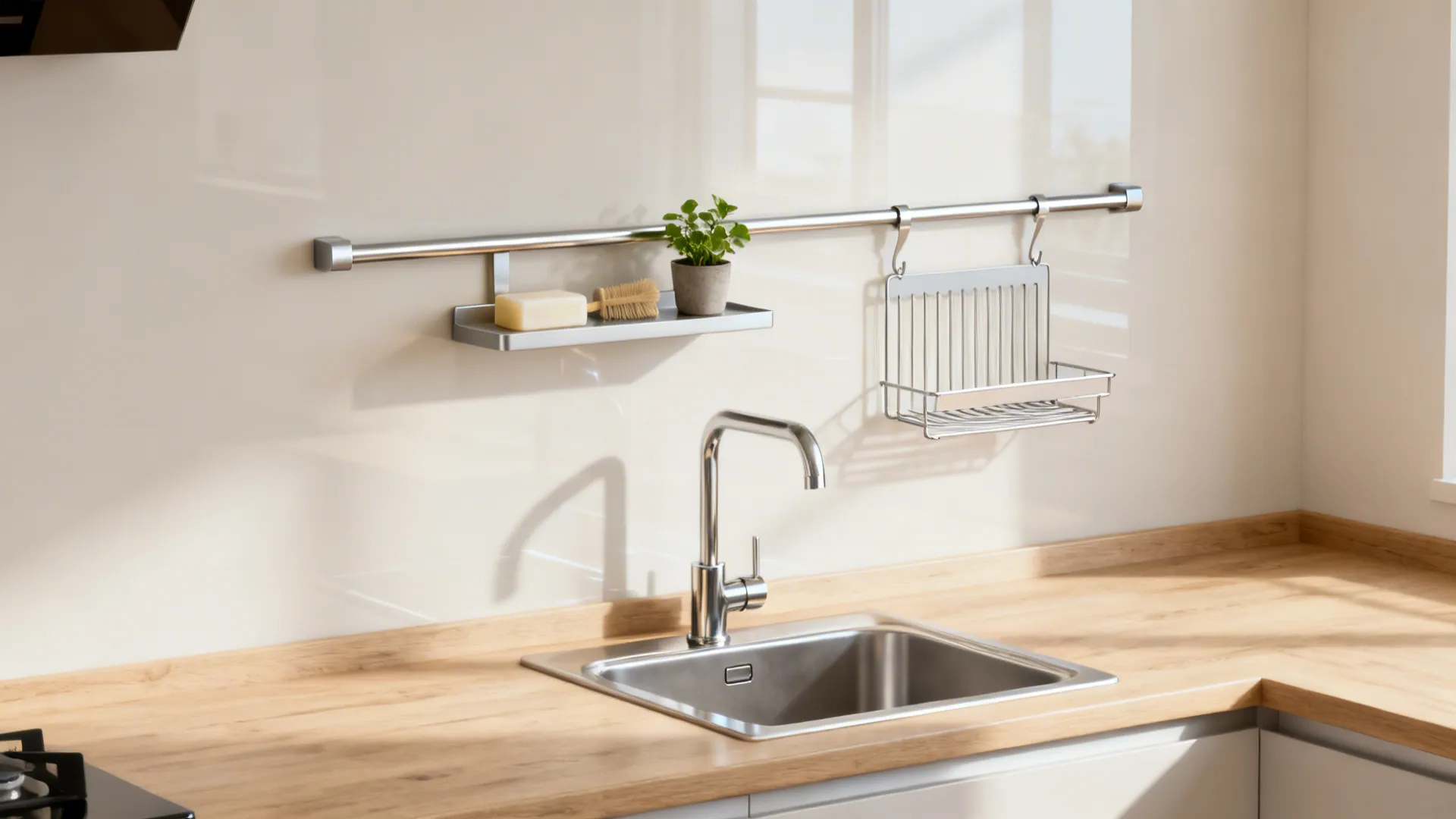 Minimalist sink storage with a slim rail, two small shelves, and a fold-flat rack above a compact sink.