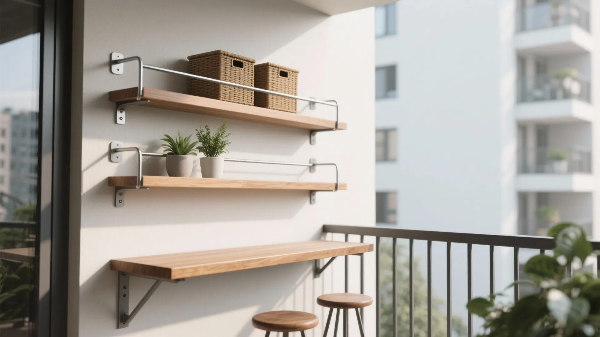 Minimalist rail-to-wall storage that keeps floor space free