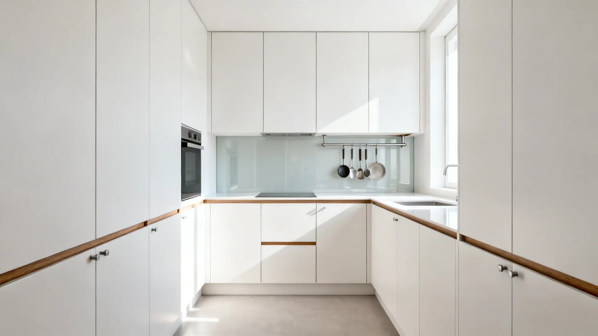Modern white kitchen with wooden handles and hanging metal rail for various cooking kitchen tools