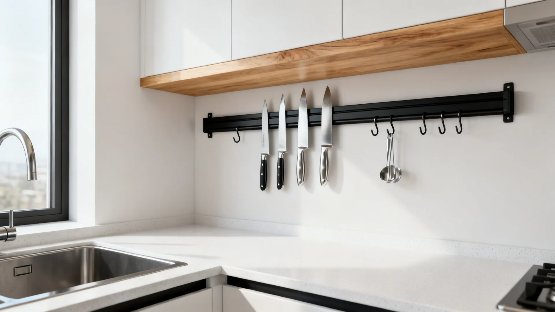 Modern white kitchen with black wall rail holding four knives and one small metal spoon