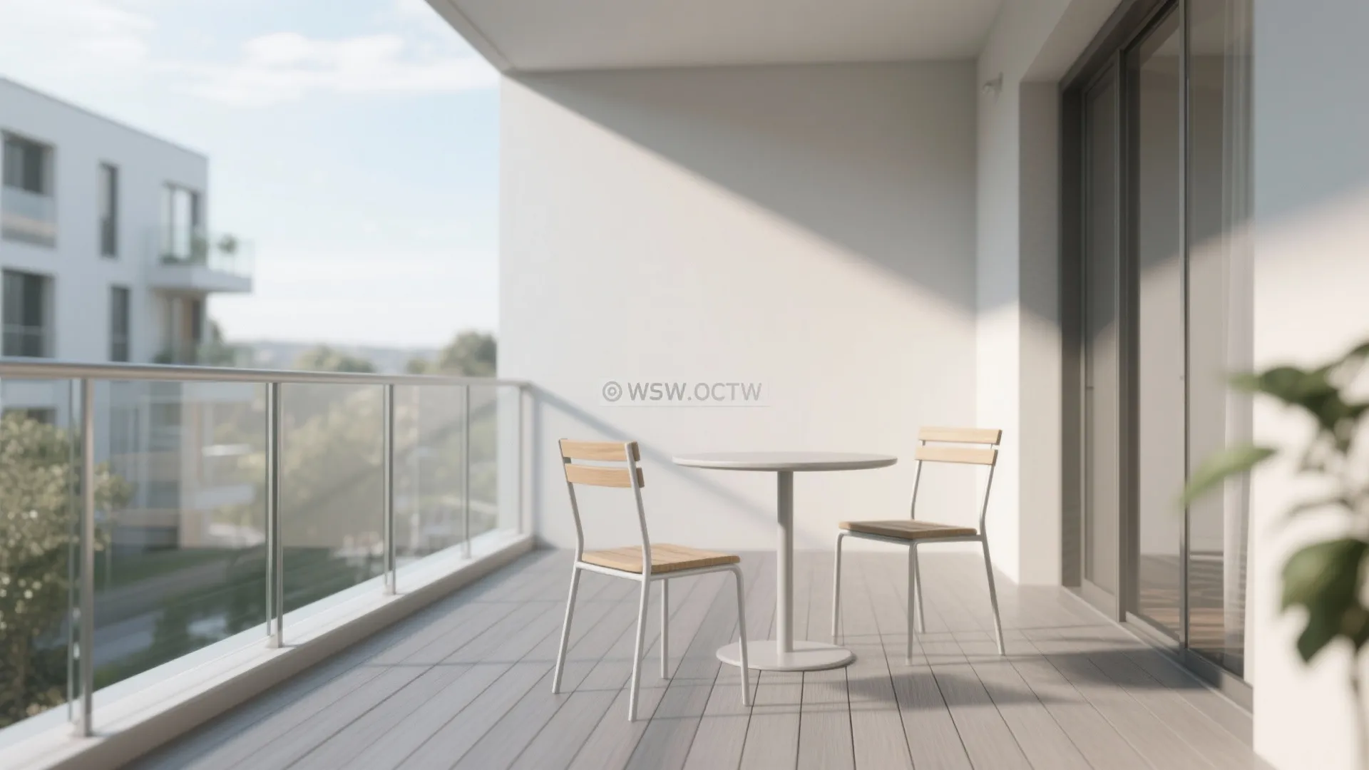 Modern balcony featuring white table and chairs with wooden seats next to a glass railing