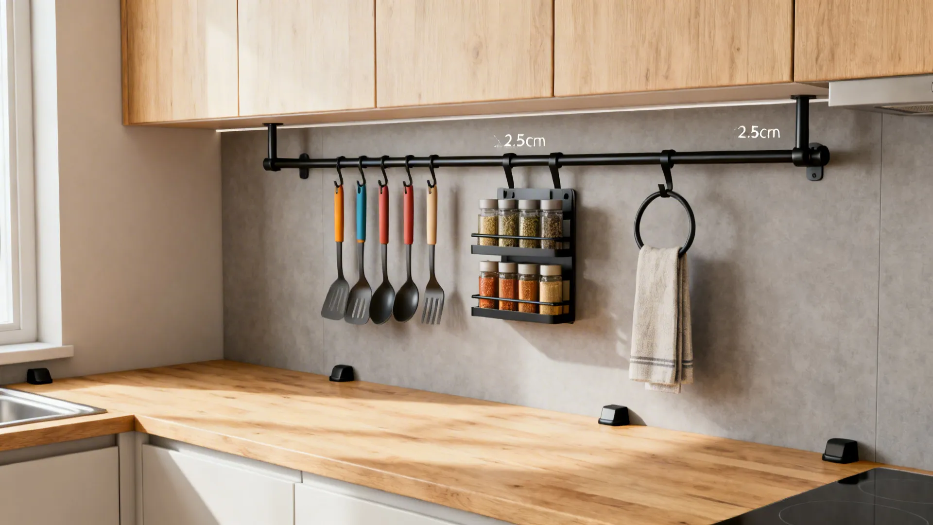 Slim powder-coated steel rails with modular hooks neatly organizing utensils above a clear counter.