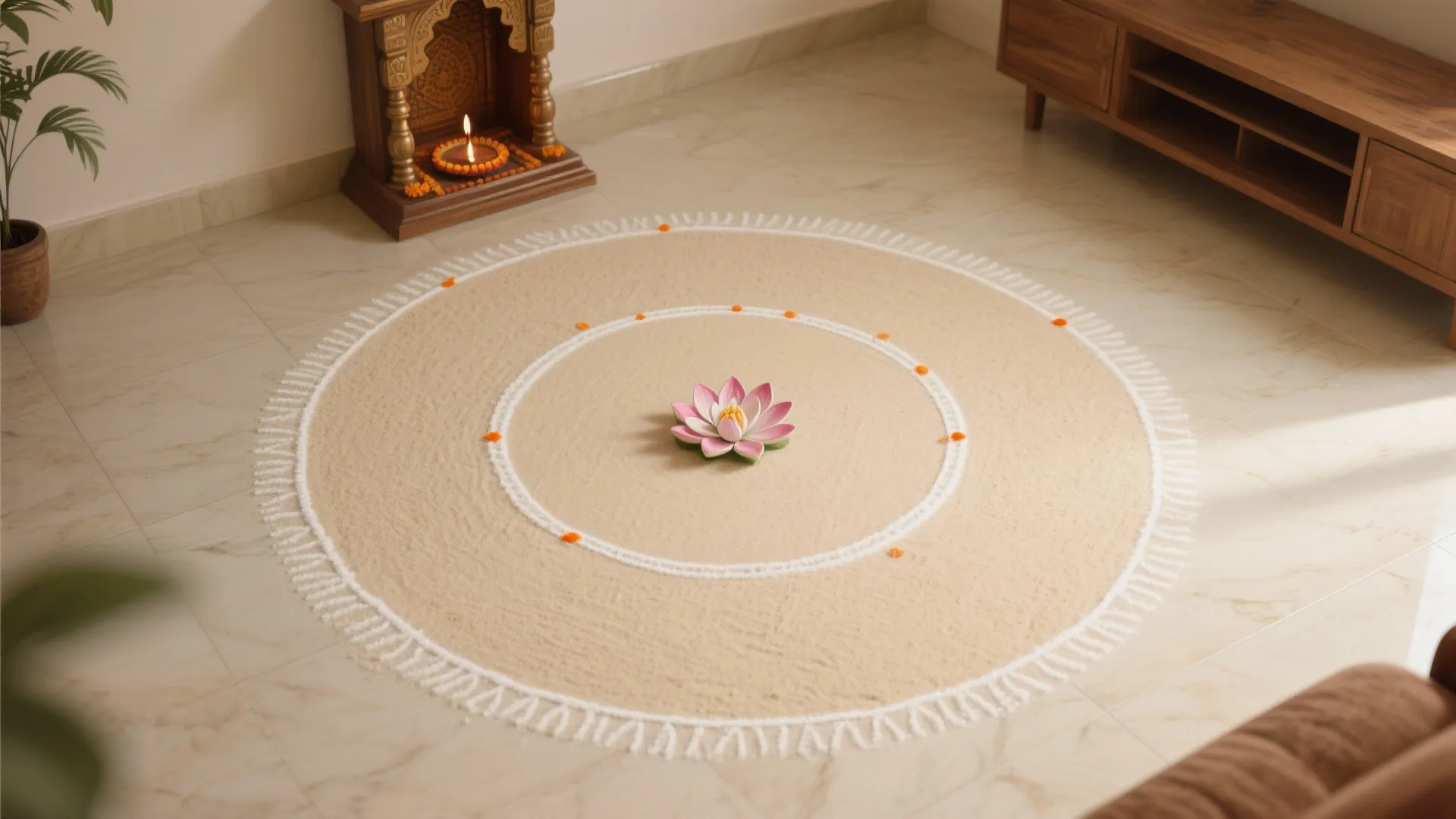 Circular floor art decoration in a living room with wooden cabinet and a pink flower