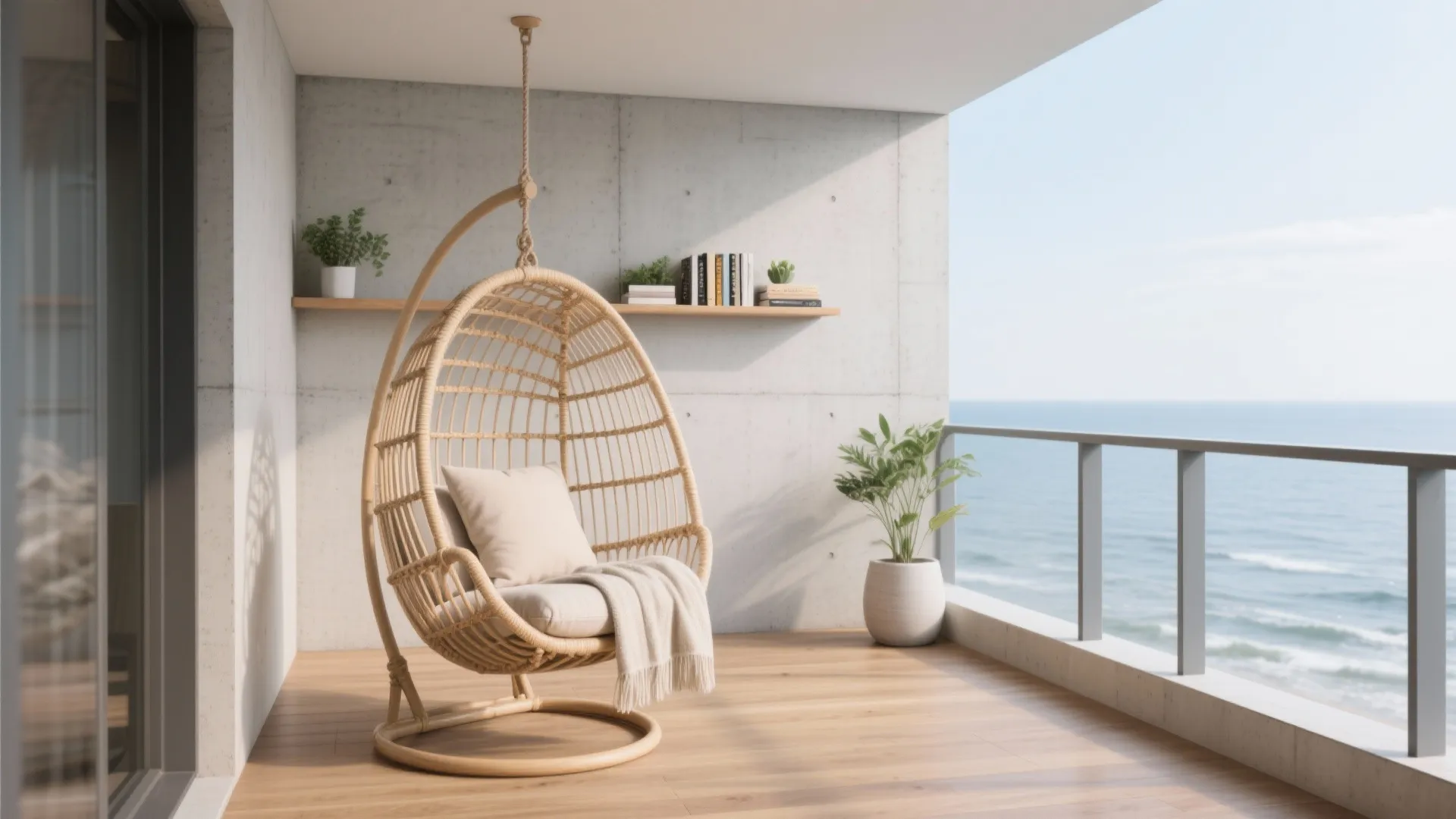 1) Minimalist rattan swing + slim storage
