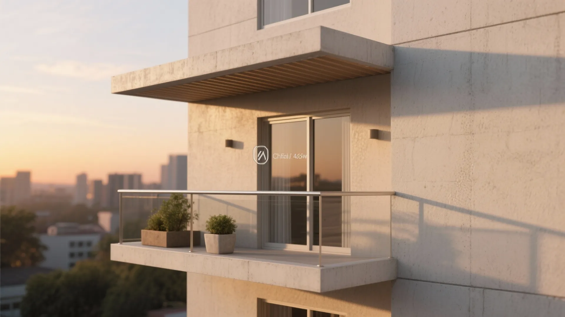 Modern balcony with glass railing potted plants and concrete roof showing a sunset city view