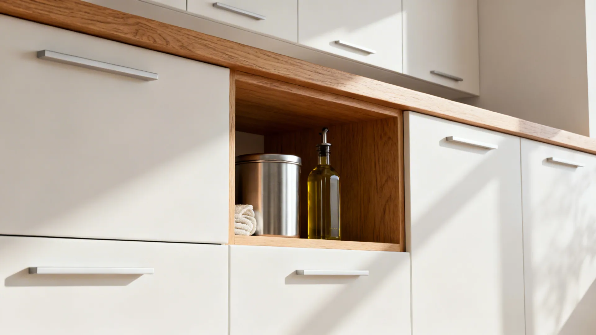 Minimalist kitchen storage with 36-inch counter and upper cabinets 18 inches above.