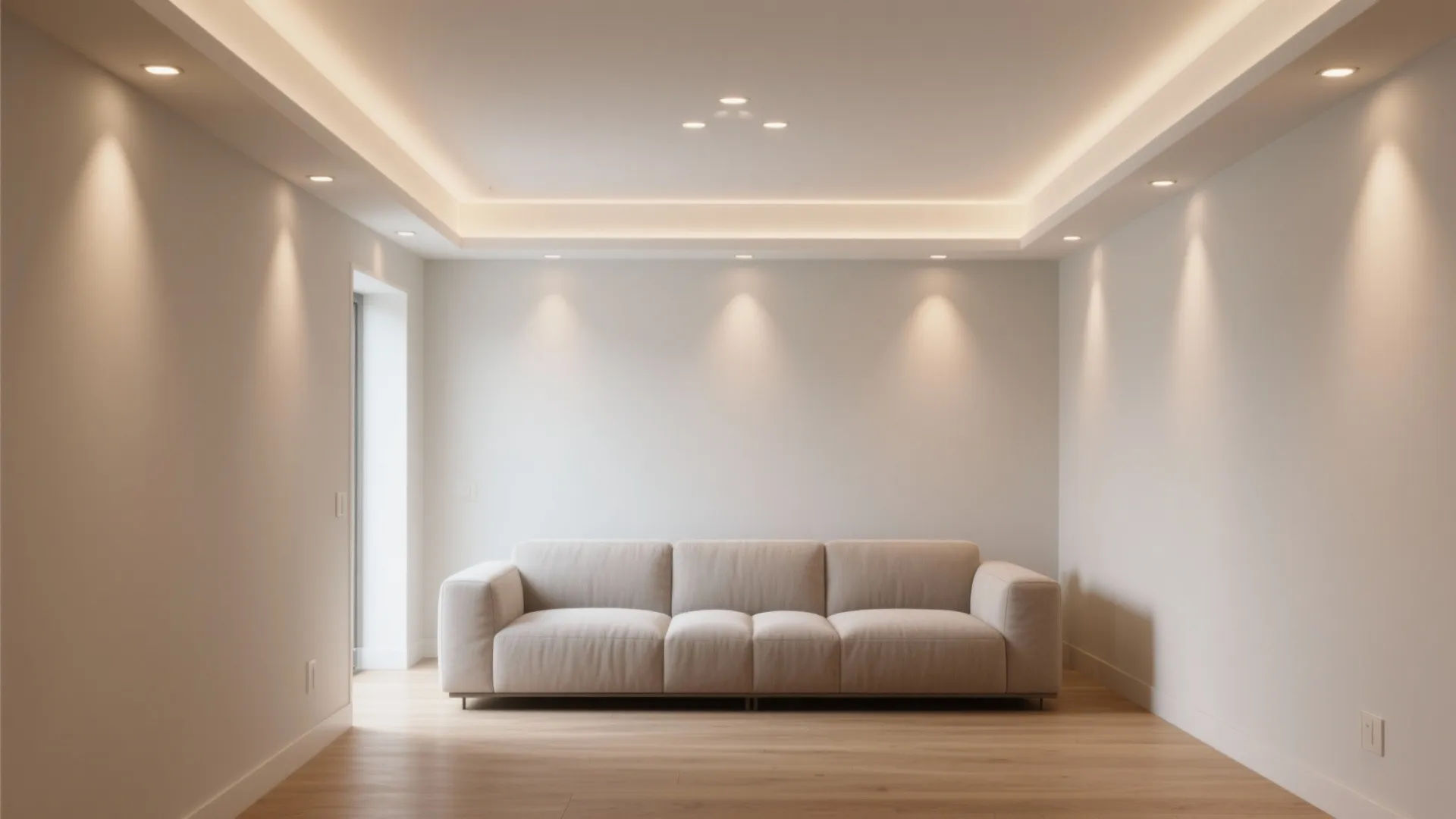 Modern empty living room with white walls and soft sofa under warm recessed ceiling lights