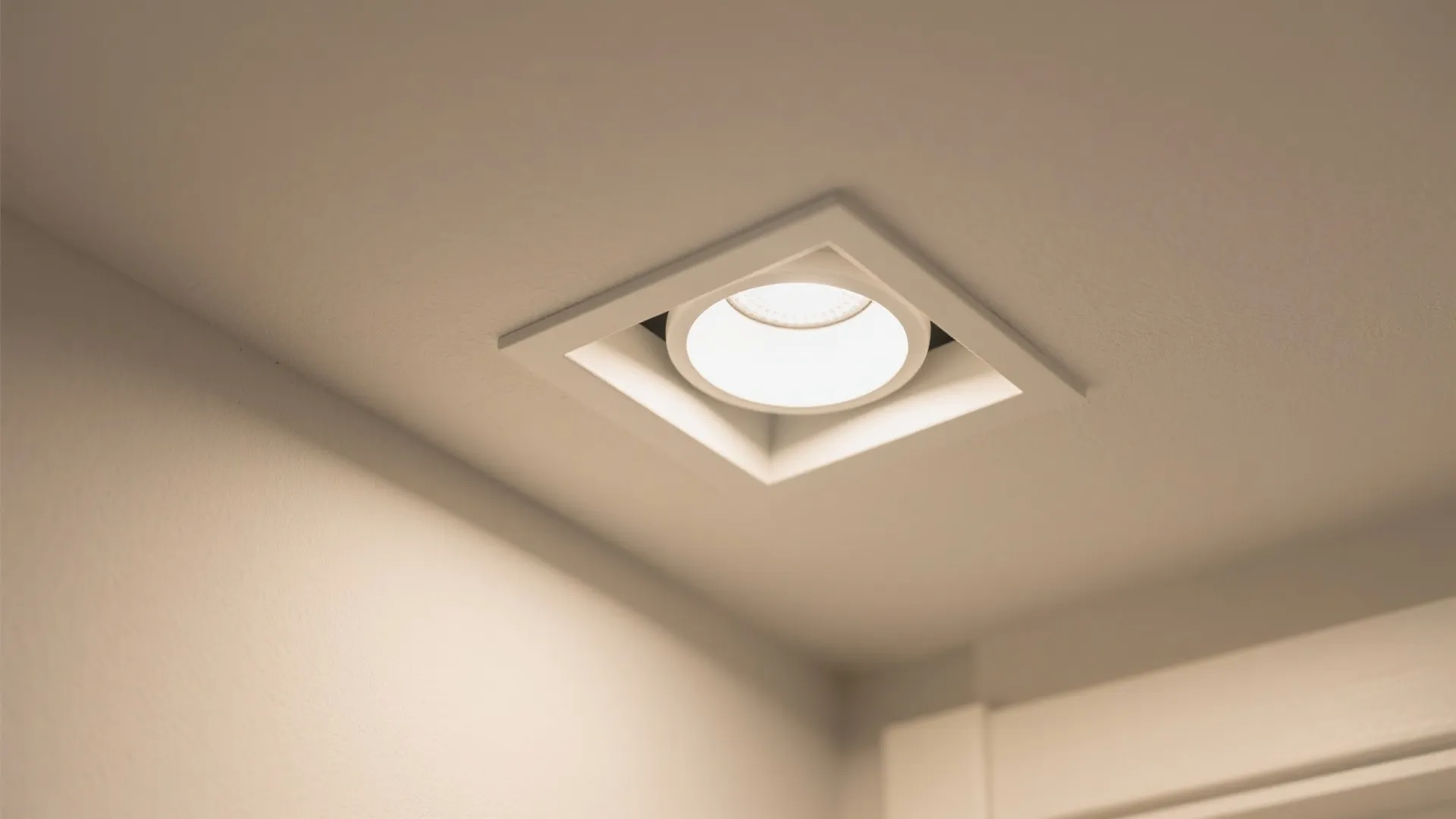 Macro of an ultra-thin recessed LED downlight with clean trim and warm glow.