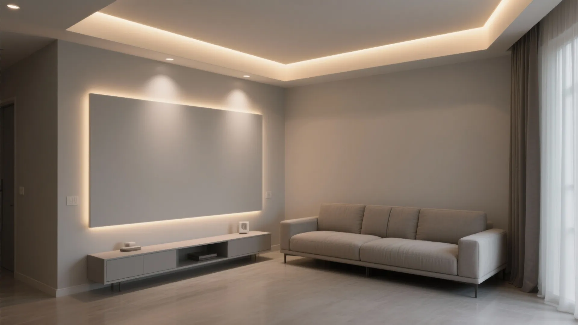 Small living hall with a slim recessed border and concealed warm LED cove lights.