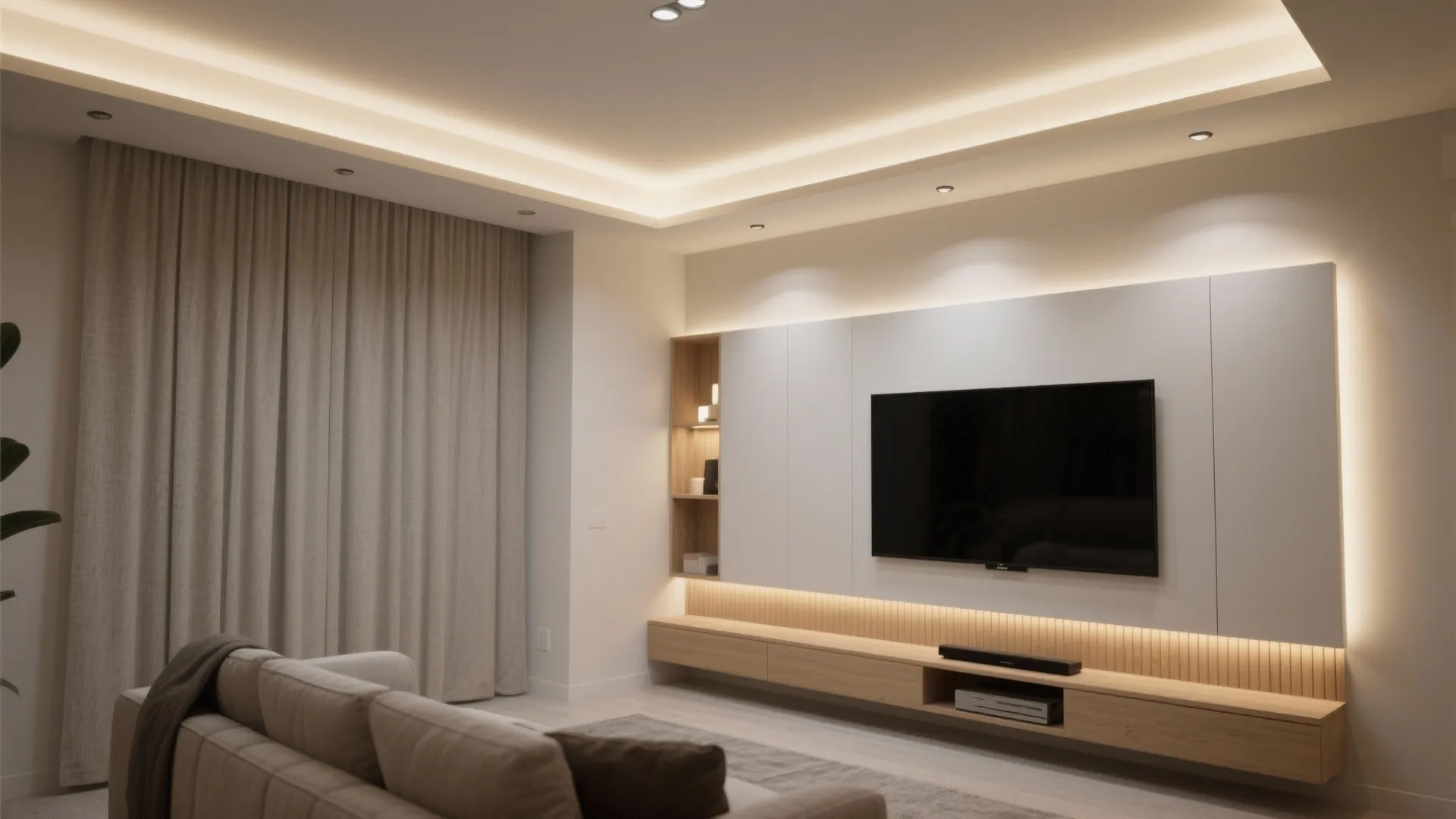 1) Minimal recessed ceiling with layered lighting