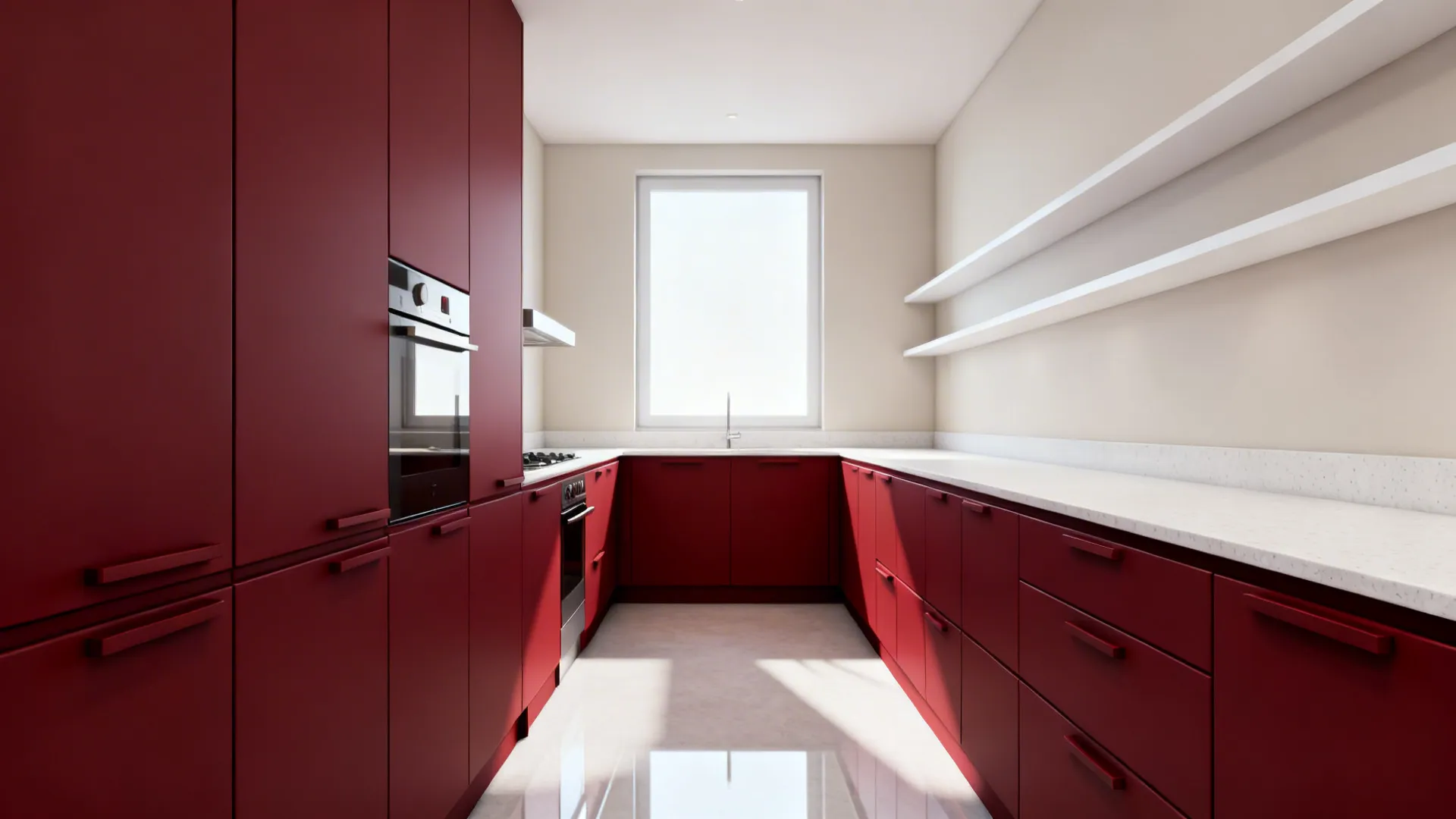 Slim galley kitchen with matte crimson handleless base cabinets and light quartz top