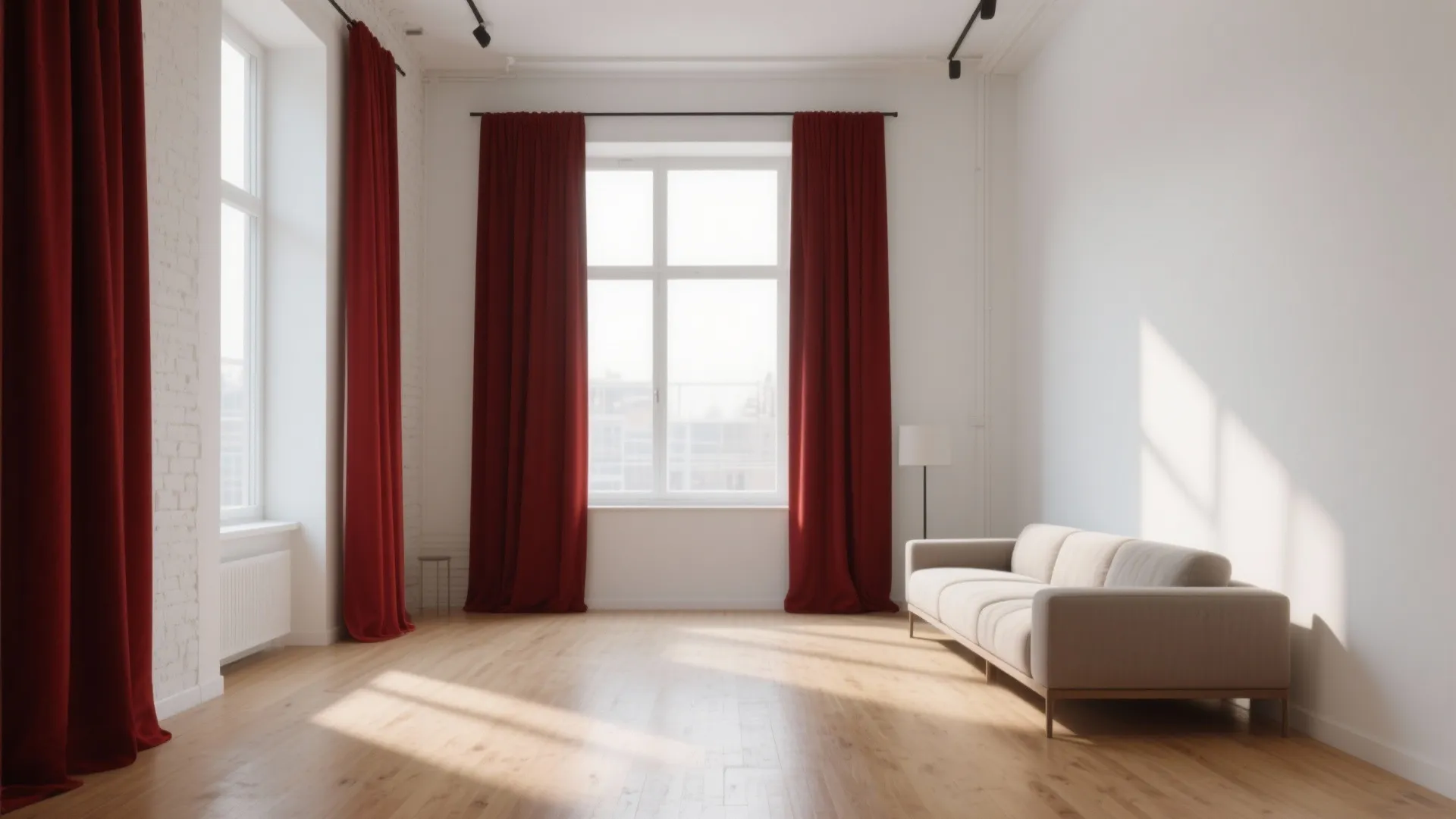 1. Minimalist Red Curtains Against White Walls