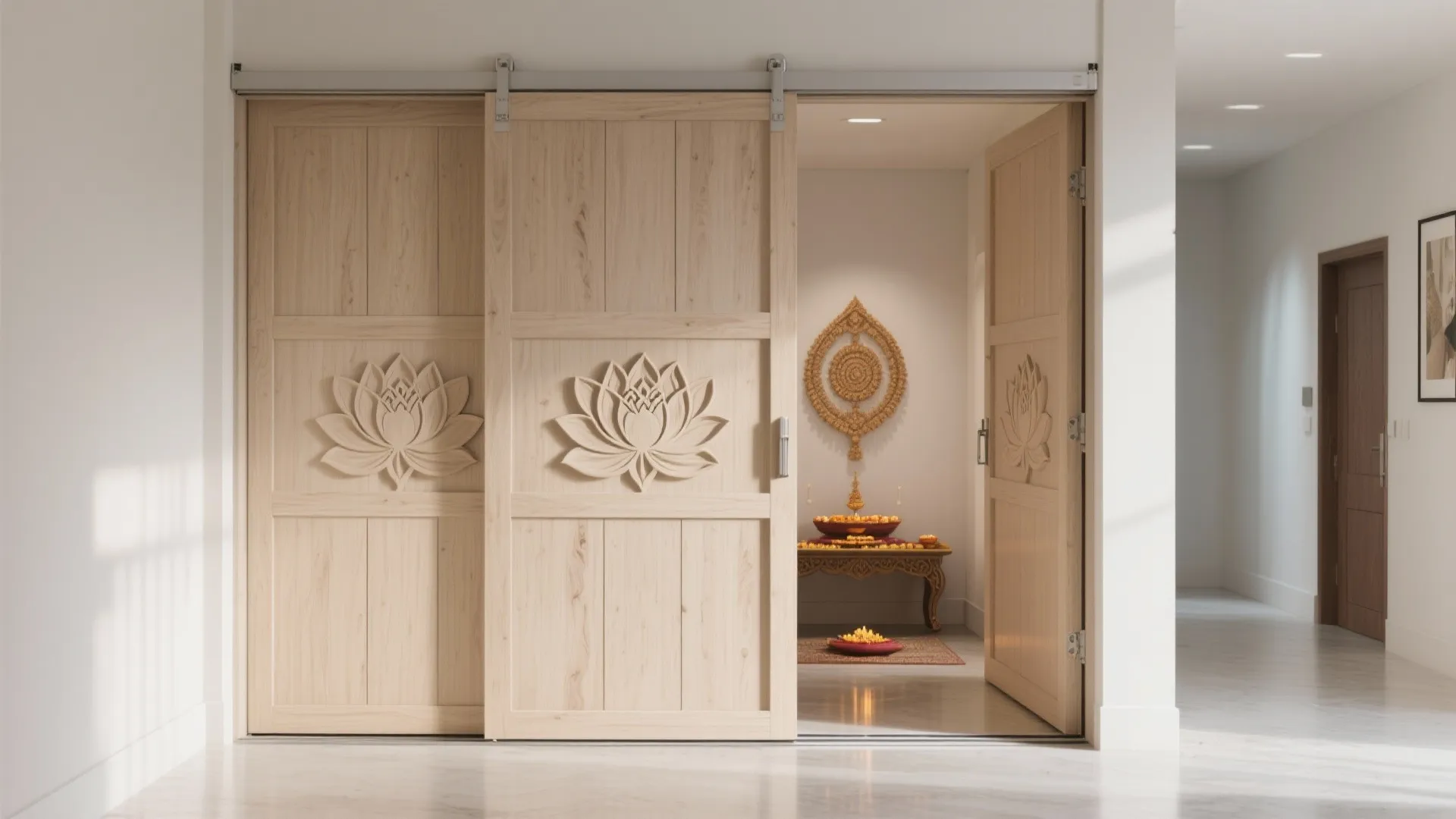 Light wooden sliding doors with lotus flower designs opening to a peaceful modern home prayer room