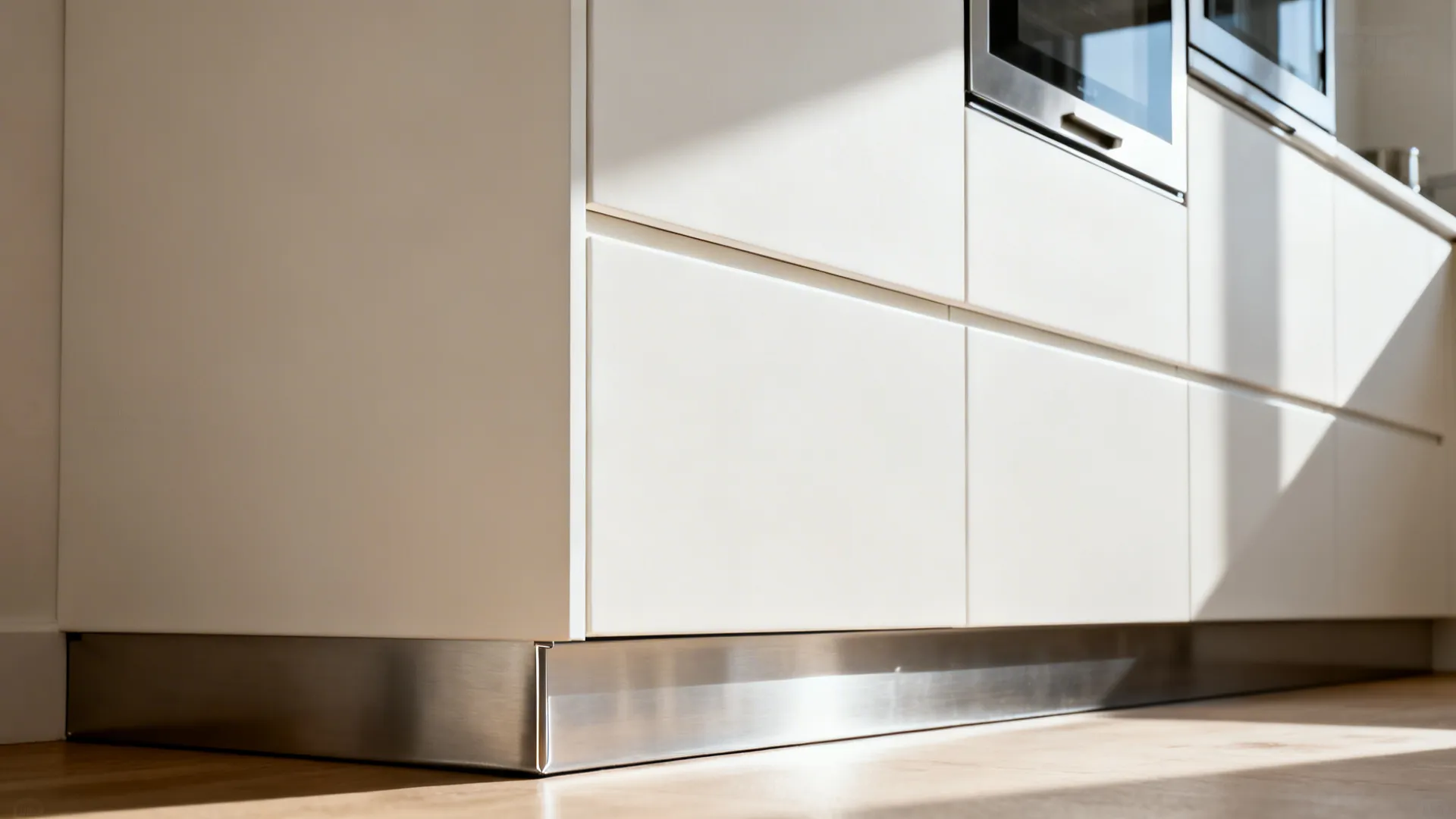 Macro view of 3 mm cabinet reveals with integrated pulls and panelized appliances.
