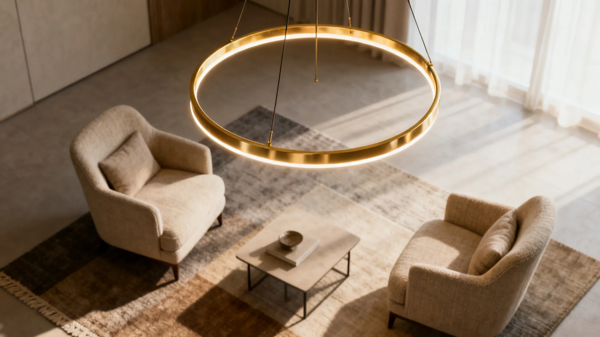 Conversation area illuminated by a minimal gold ring chandelier with warm textiles and neutral decor.
